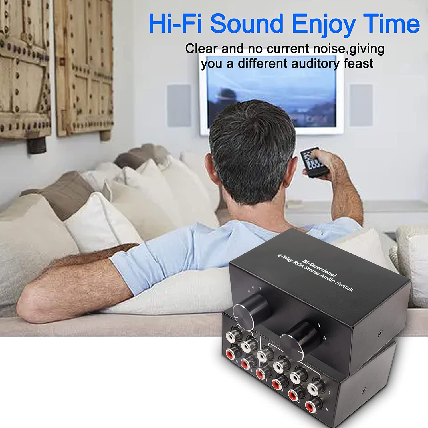 XMSJSIY 4-drożny dwukierunkowy przełącznik audio stereo L/R RCA, przełącznik audio 2 w 4 lub 4 w 2, przełącznik audio RCA L/R kanał dźwiękowy rozdzielacz audio, przełącznik wyboru audio do głośników