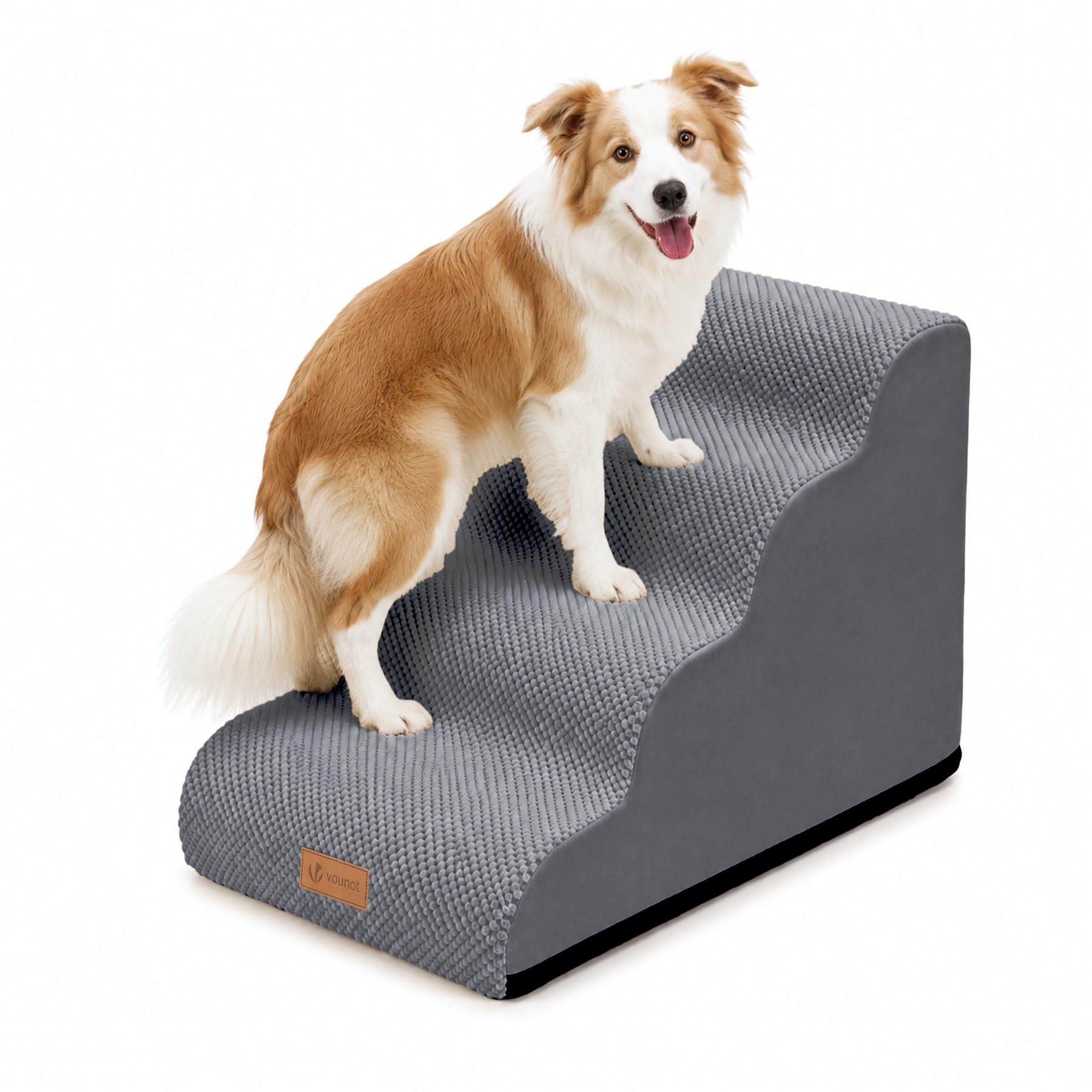vounot® Escalier pour Chien et Chat à 4 Marches en Mousse Haute Densité Antidérapante Déhoussable Lavable Rampe pour Chien Accès Canapé Lit pour Animaux Âgés ou Blessés avec Poignée Gris