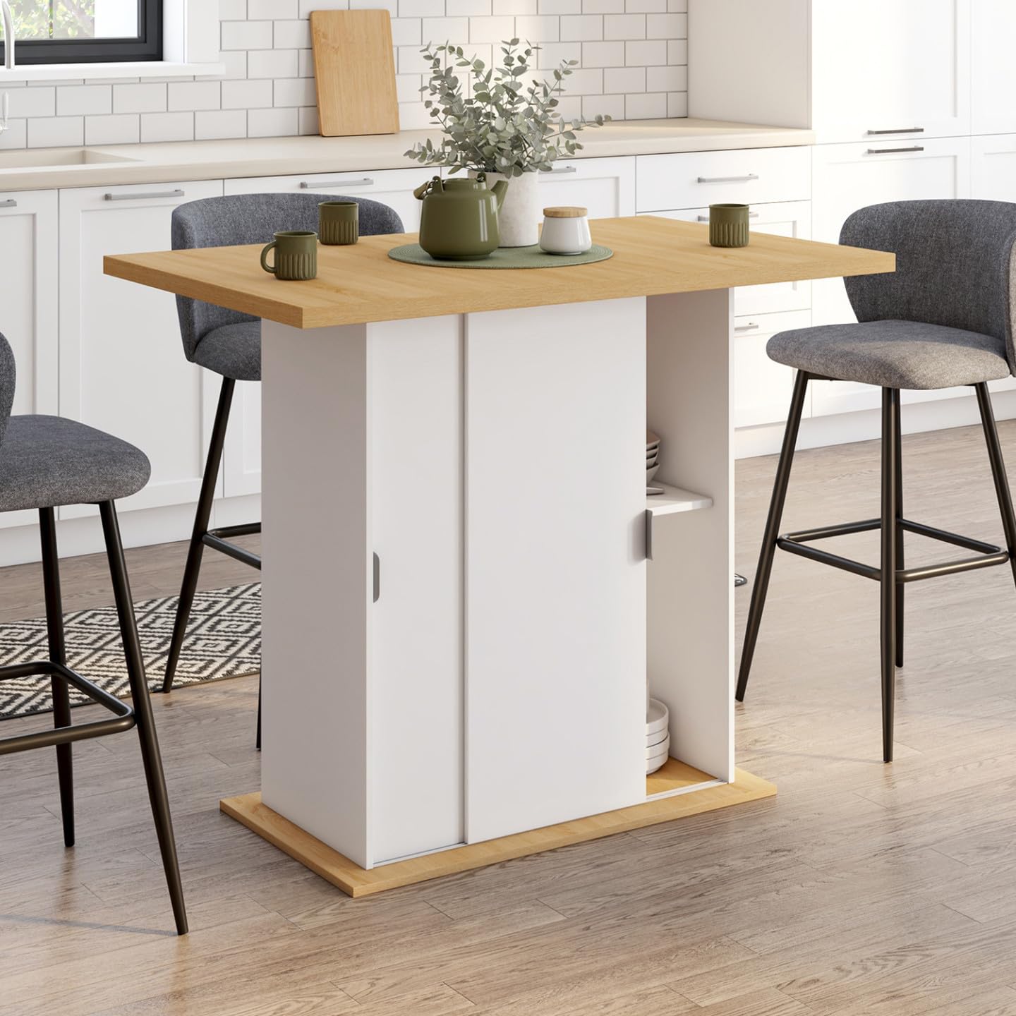 IDMarket - Ilot Central 4 Personnes Paxton 110 cm Pied Central avec Rangement Bois Blanc avec Plan de Travail façon hêtre