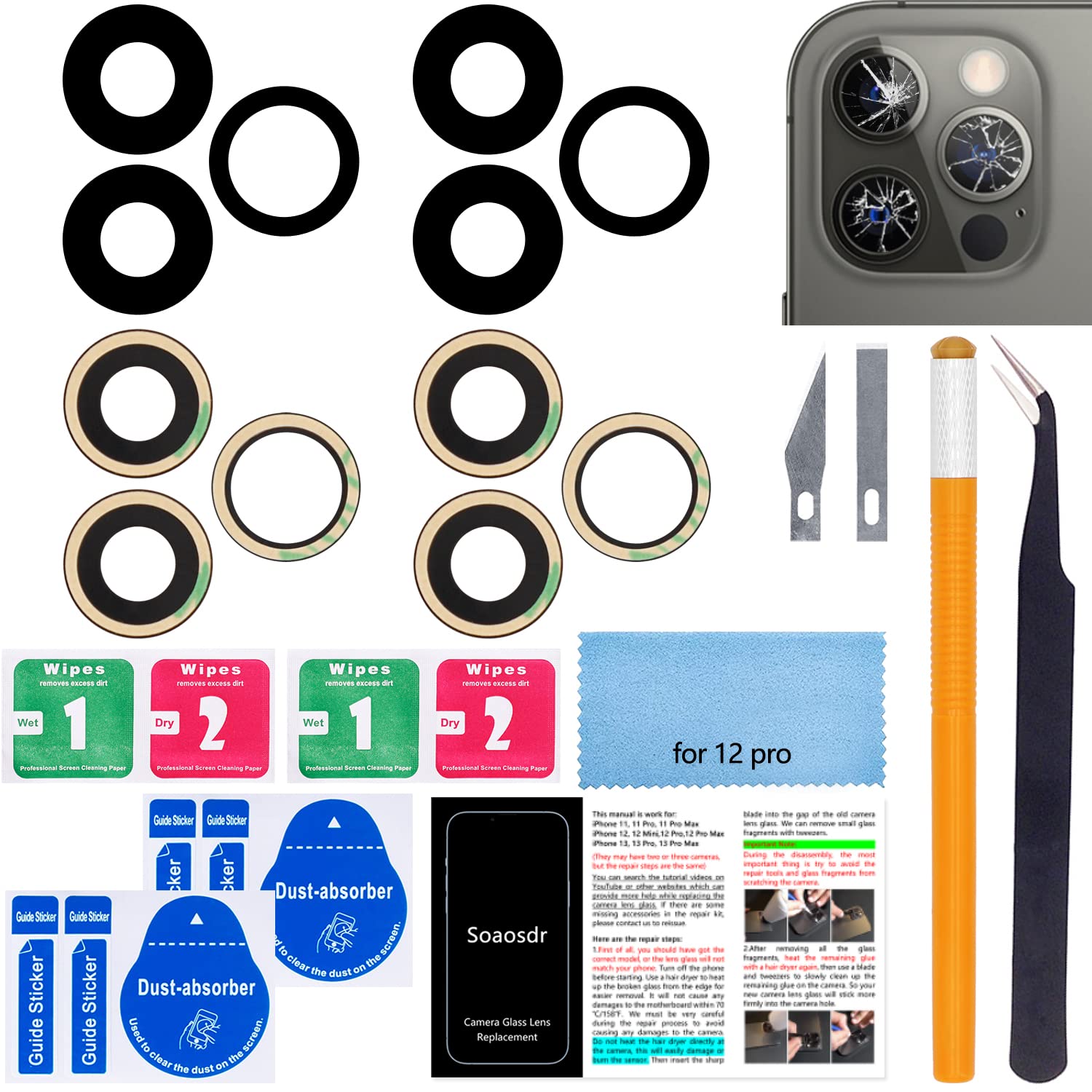 2 PCS Soaosdr Original Back Rear Camera Lens Glass Replacement for iPhone 12 Pro 6.1 inch with pre-Installed Adhesive+Reparing Toolkit+Installation