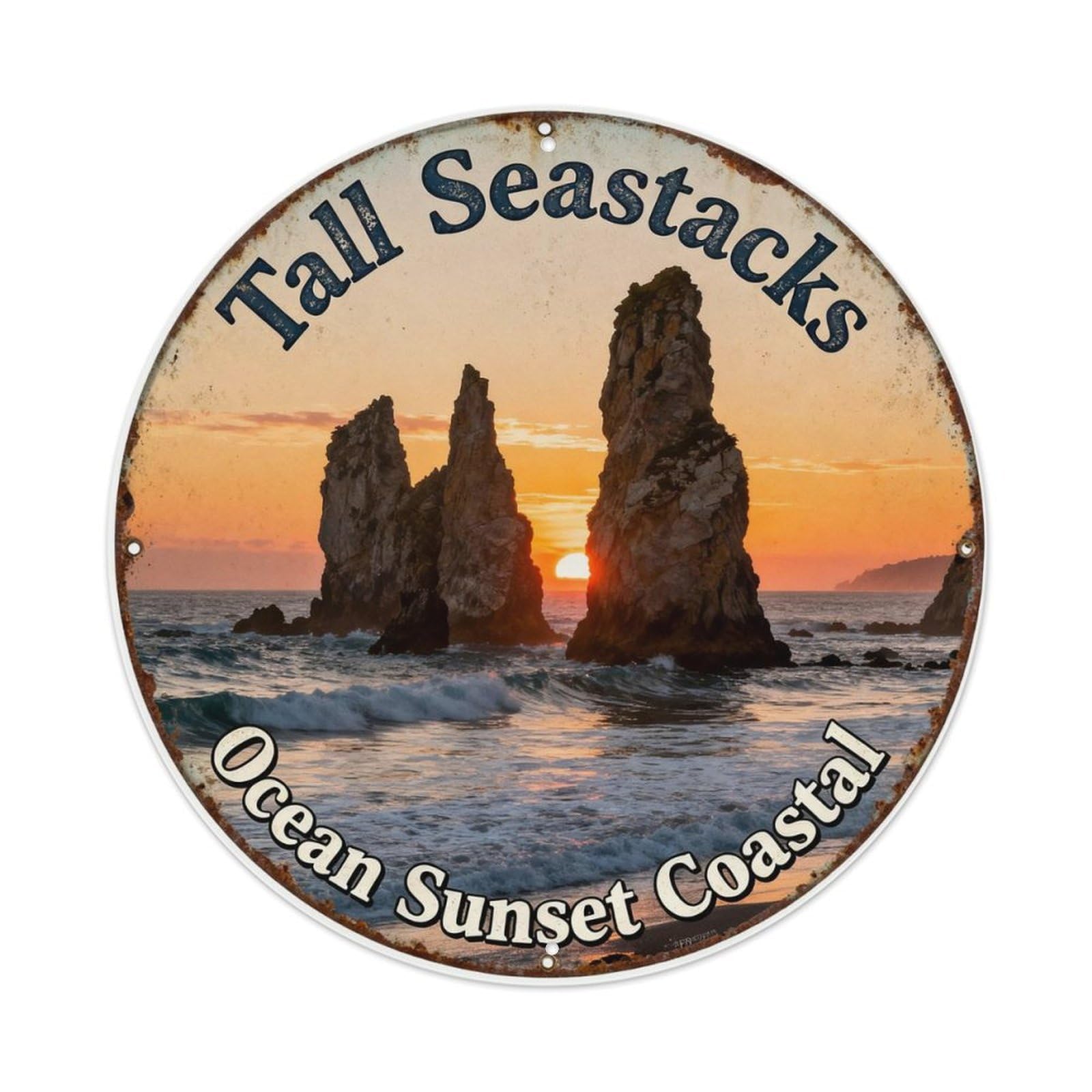 Tall Seastacks Ocean Sunset Coastal Metal Tin Sign Plaque