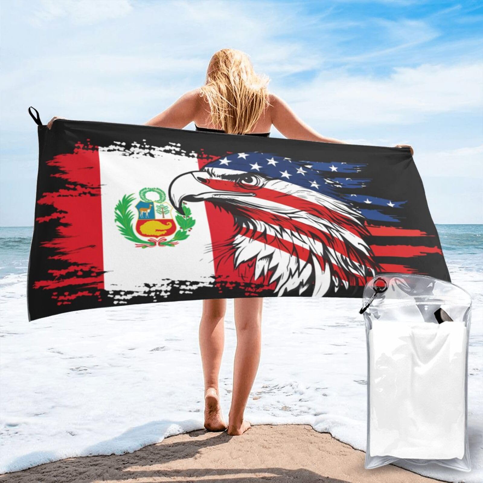 HACXZ America Flag and Peru Flag Microfiber Beach Towel Lightweight Absorbent Travel Pool for Men Women 27.5"X55"
