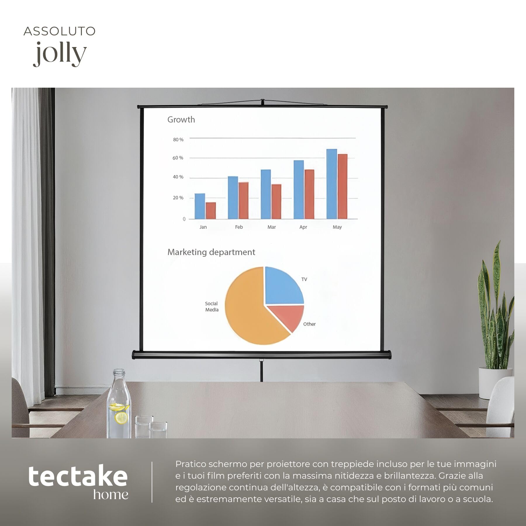 tectake® Schermo Proiettore 152x152 cm con Treppiede per Proiettore, Diagonale 84", Avvolgibile, Gain Factor1.0, Formati 1:1, 4:3, 16:9, Telo Proiettore Cinema a Casa, Ufficio, Ottimizzato HDTV e 3D
