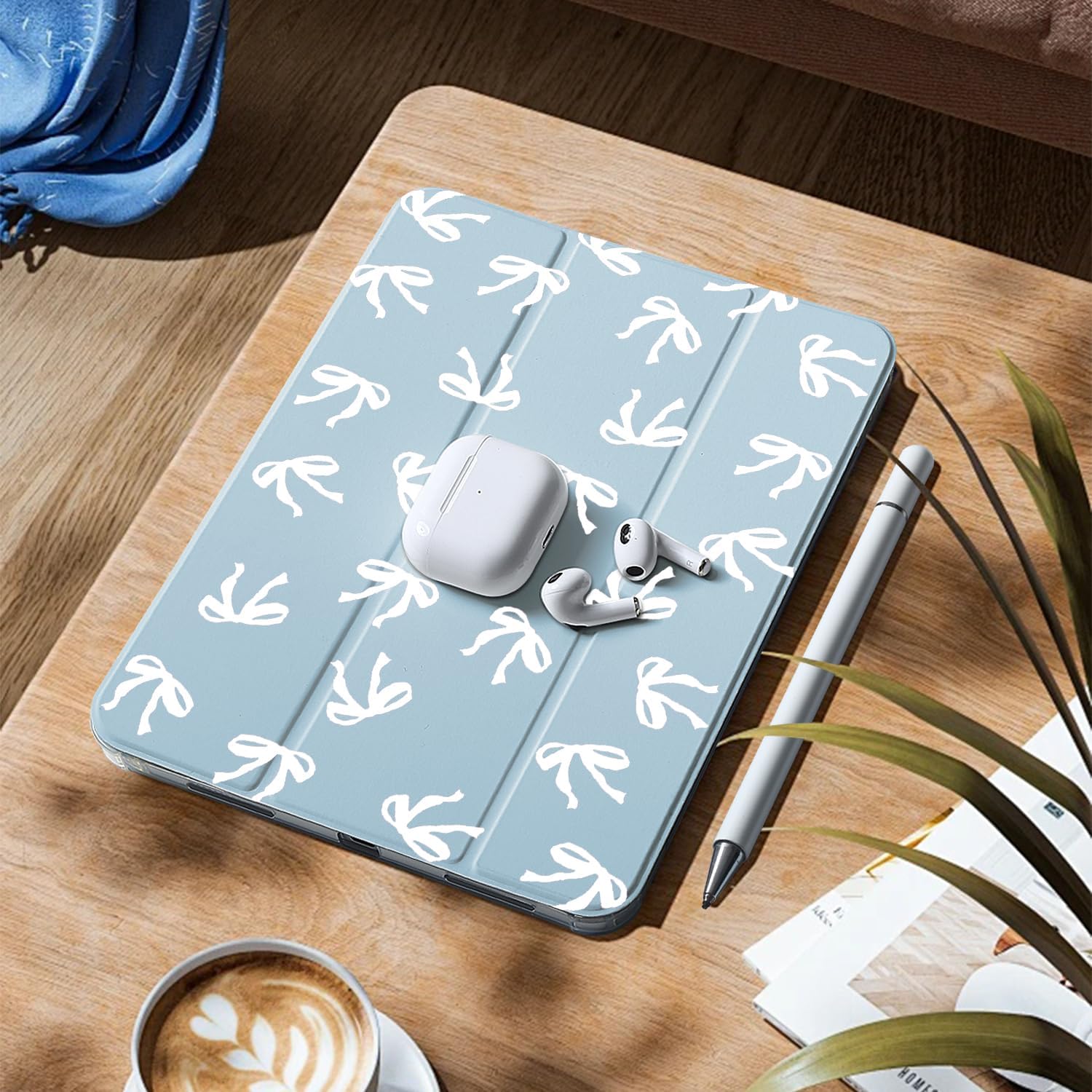 MAYCARI Cute Blue Bows Ribbon Case for Ipad Air 11 Inch M2 2024 Stylish Girly Bowknot Leather Cover Auto Sleep/Wake Soft TPU Back Shell for Ipad with Pencil Holder (Girls Women Kid)