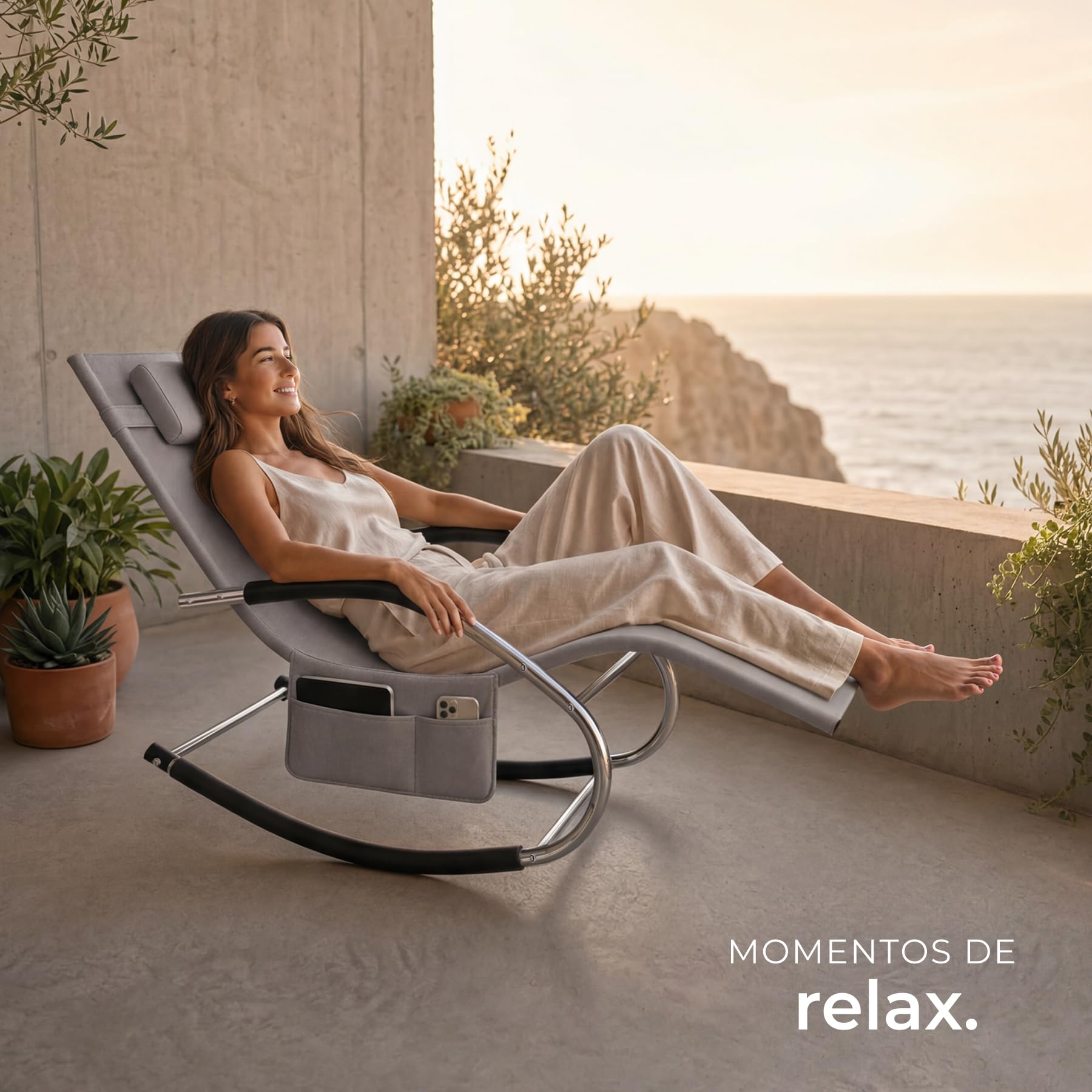 tectake® Tumbona Sol Exterior con Almohada, Tumbonas Piscina con Bolsillo Lateral, Resistente al Agua y Tejido Transpirable, Capacidad de Carga: 120kg, Sillas de Terraza - Gris