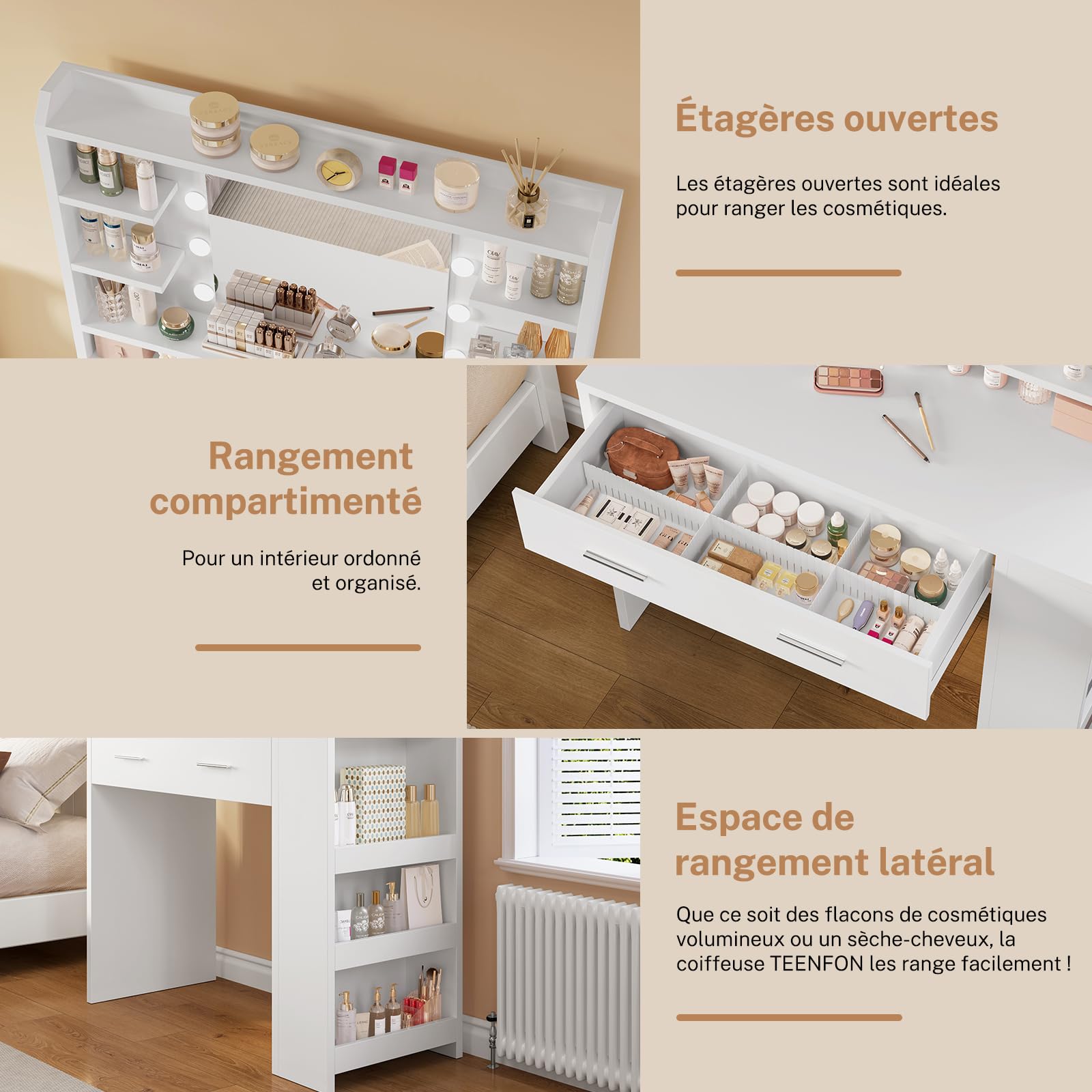 TEENFON Coiffeuse avec Miroir,Luminosité Réglable,3 Couleurs, Coiffeuse avec 4 étagères Ouvertes, Blanc,Rangement Latéral