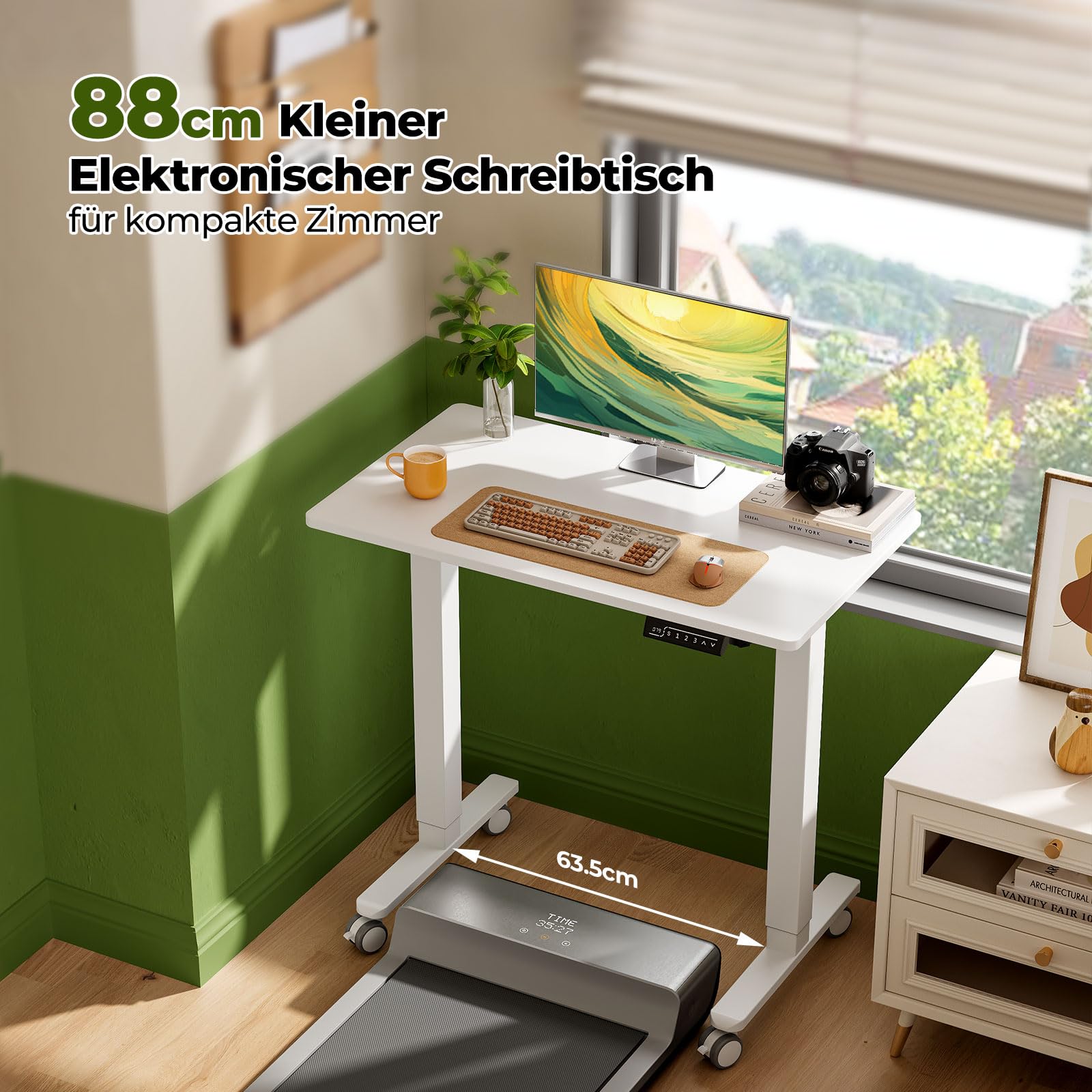 Gibbon Mounts 88x50cm Kleiner höhenverstellbarer Schreibtisch mit Rollen | Mobiler elektrischer Computertisch mit weißer einteiliger Tischplatte & 4 feststellbaren Räder, für kleine Wohnbereiche