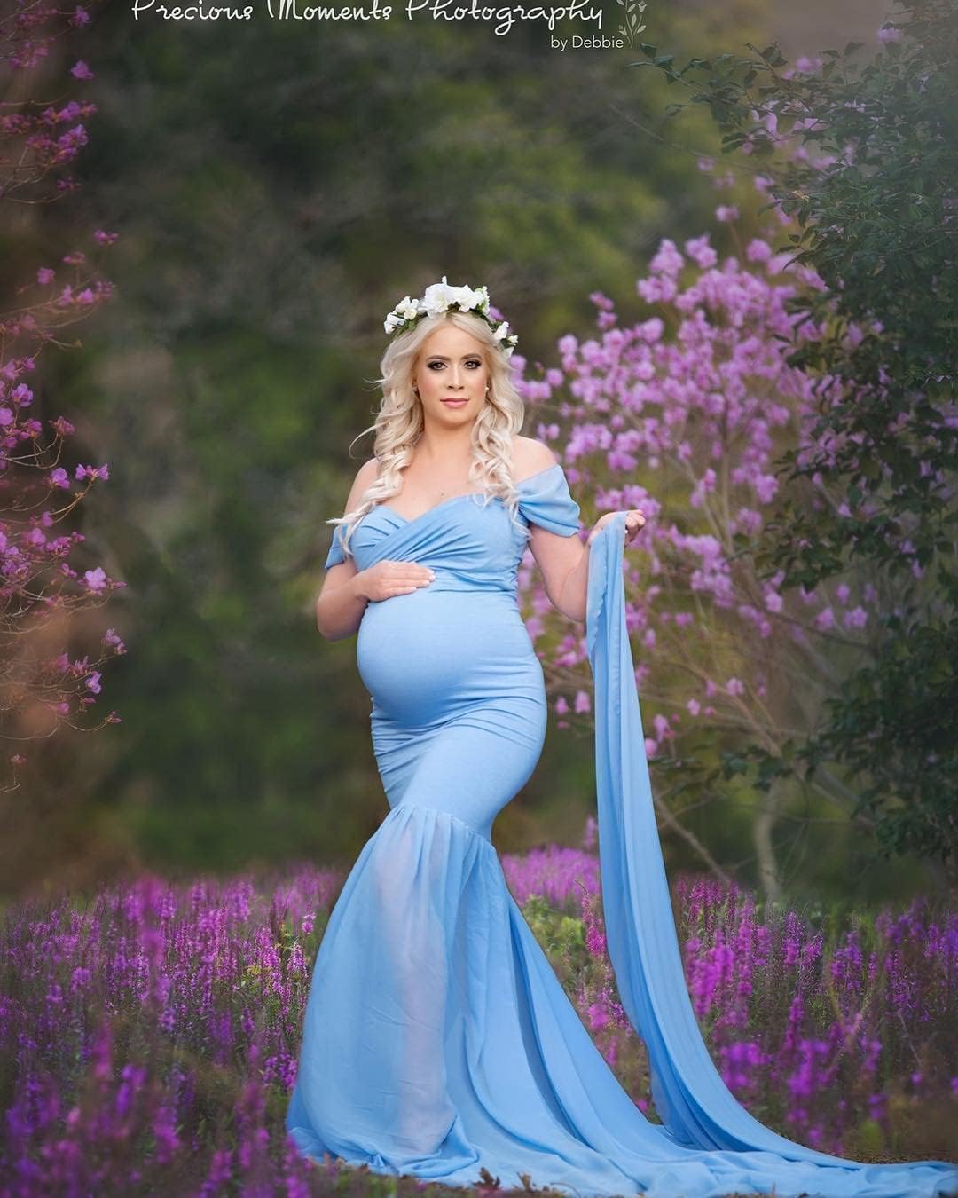 ZIUMUDY Maternity Chiffon Mermaid Gown Off Shoulder Dropped Sleeve Fitted Photo Shoot Photography Dress - Image 5