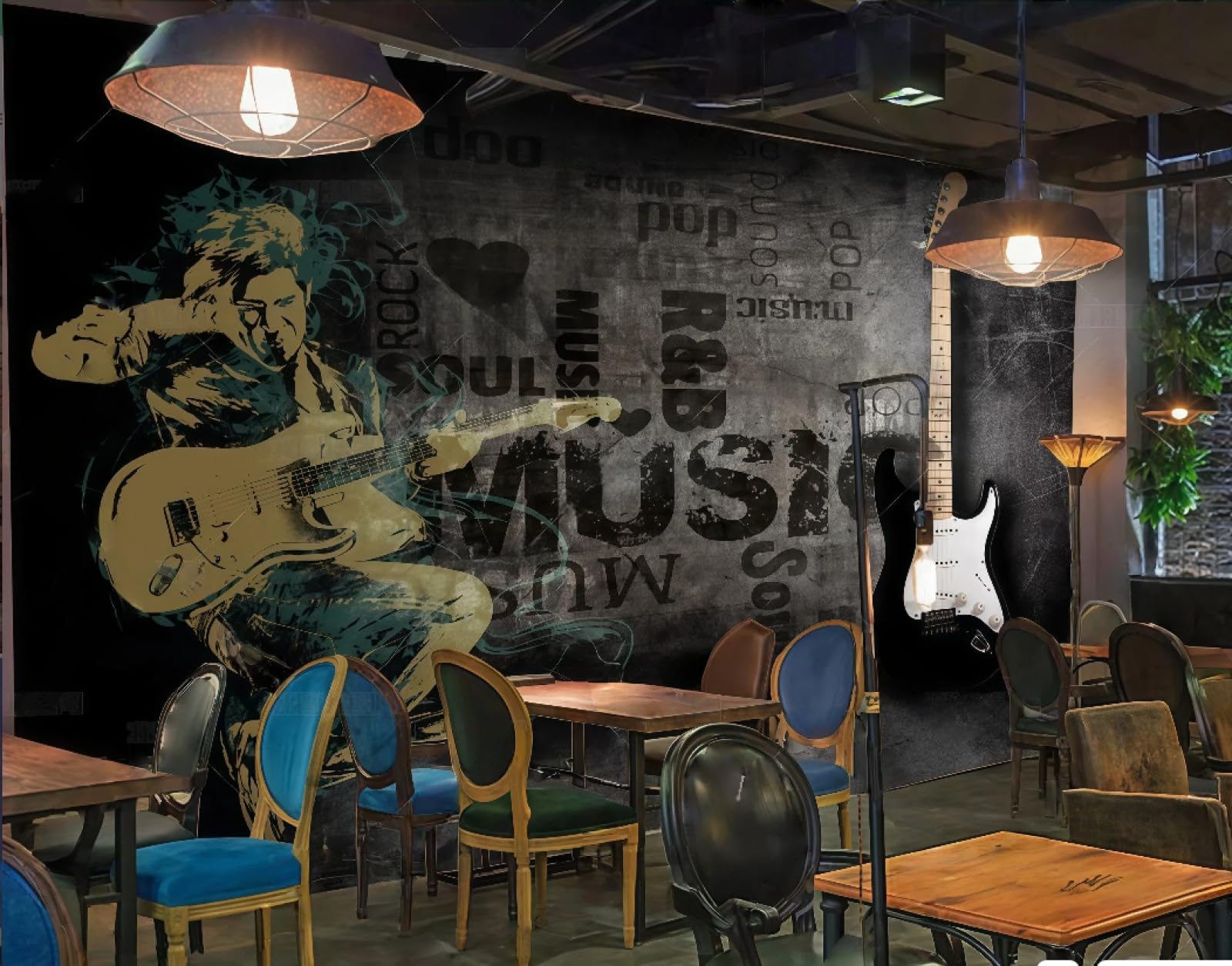 Rskjdghshd 3D Wallpaper Fashion Personalized Electric Guitar Black Cool Music Bar Western Restaurant Background Wall Mural Afternoon Tea Coffee Shop Wallpaper,,300X210cm