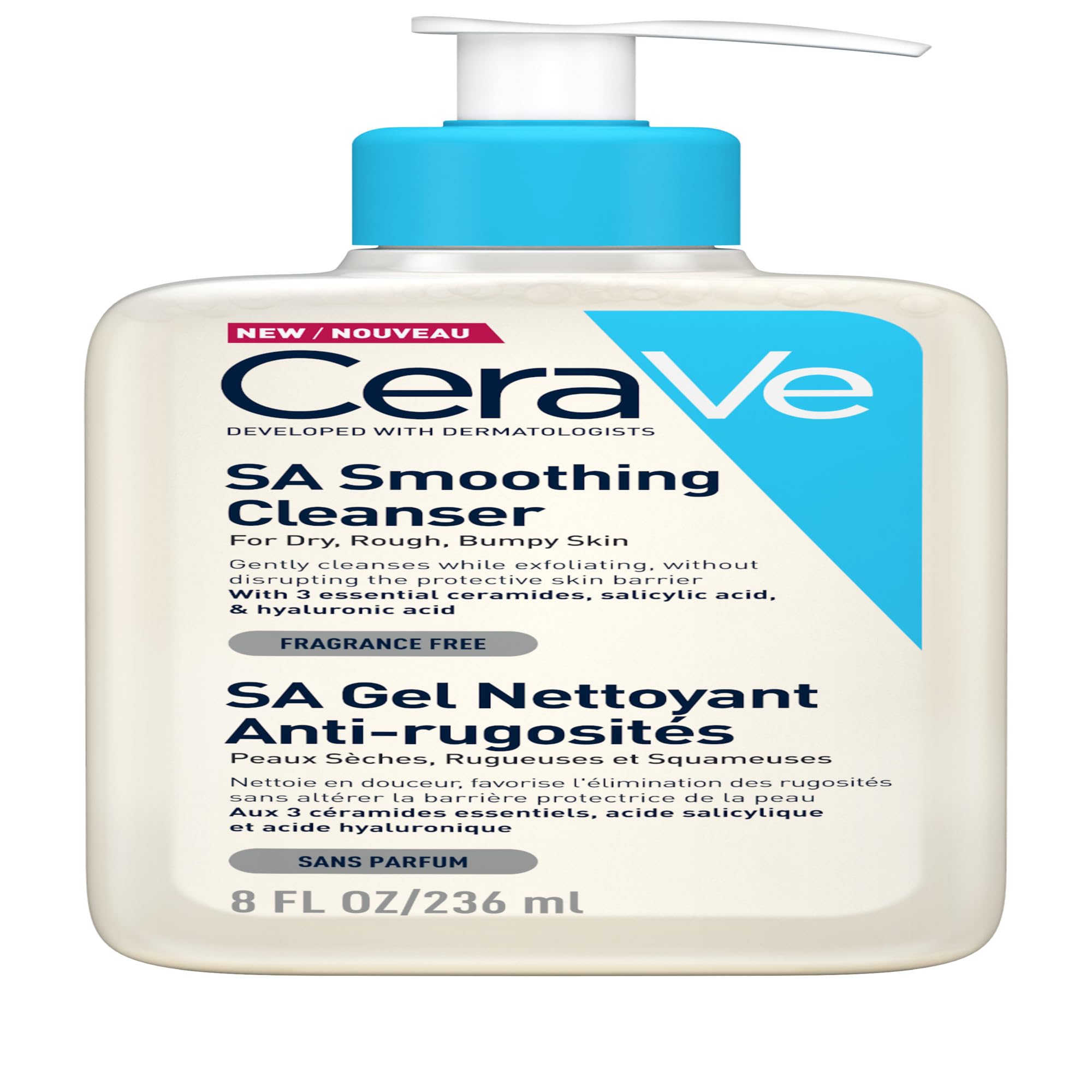 SA Smoothing Cleanser with Salicylic Acid, 3 Essential Ceramides & Hyaluronic Acid for Dry, For Rough & Bumpy Skin, Developed with Dermatologists, 236ml