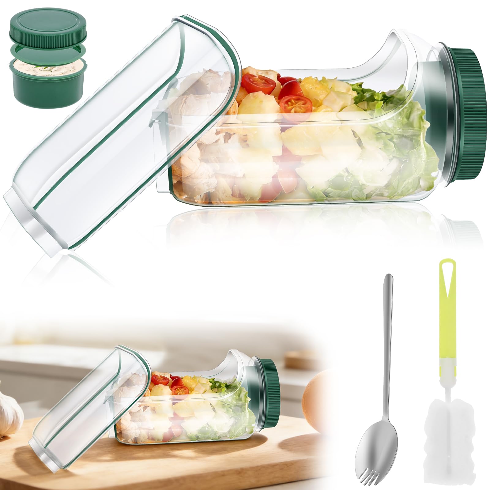 NZWBSHSSP Salad Pod Jar with Side Opening Vertical Layering Salad Container Built-in Sauce Dressing Case Design On the Go Salads Jars for Lunch with Cleanning Brush and Stainless Steel Fork Spoon