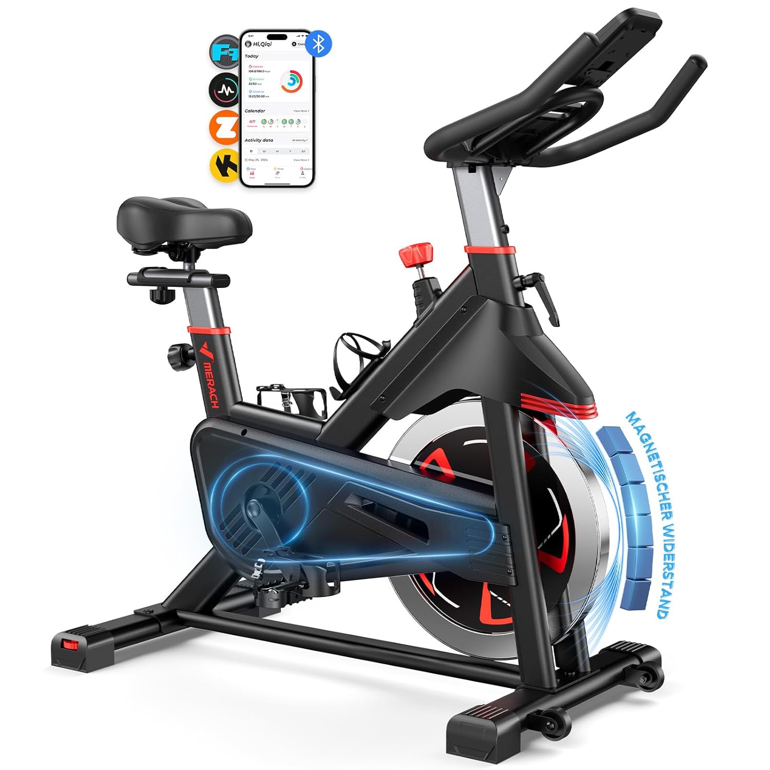 MERACH Exercise Bike with Magnetic Resistance, Quiet Home Trainer Bicycle with Shock-Absorbing Air Cushion Saddle, Indoor Cycling Bike with LED Monitor, Own App, for Cardio...