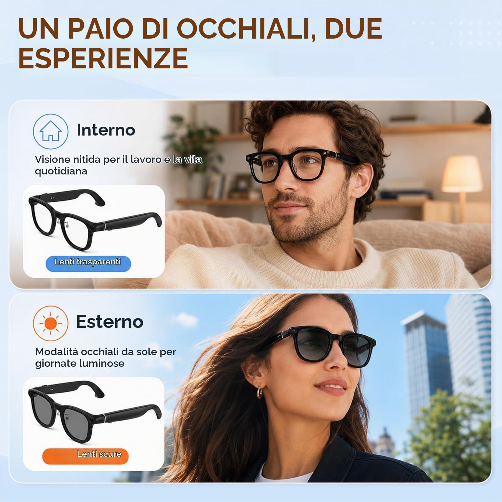 AI Smart Glasses con fotocamera, occhiali per registrazione video 4K HD, traduzione in tempo reale in 163 lingue, assistente vocale GPT KI, Bluetooth, con controllo vocale, fotocromatico UV400 Smart
