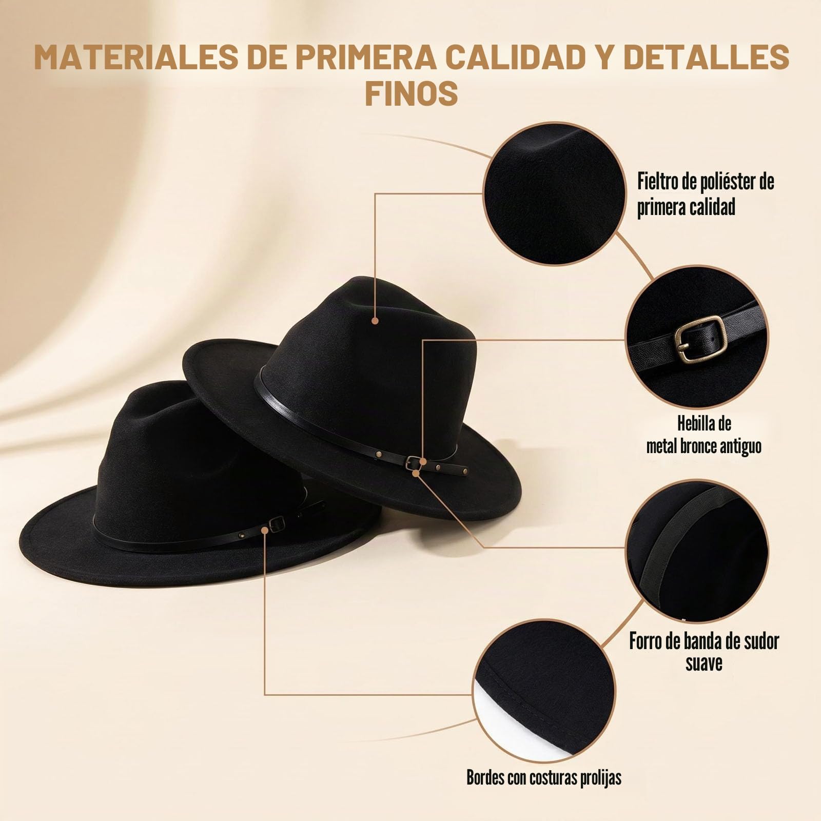 QUUPY Sombrero de jazz clásico para mujeres y hombres, sombrero estilo fedora de ala ancha con hebilla de cinturón de cuero, sombrero de fieltro de Panamá Gatsby, color negro