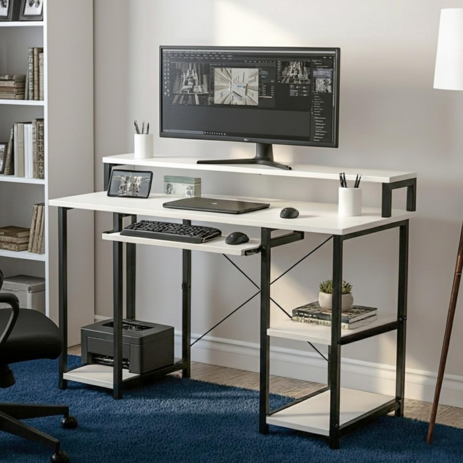 TEKAVO Trio Computer Table for Home Pc | Office Table for Home with Monitor Riser and Keyboard Tray, Laptop Table, Work Table, Study Table, Modern Workstation | White Wood, Metal,(120x60x 75 cm)