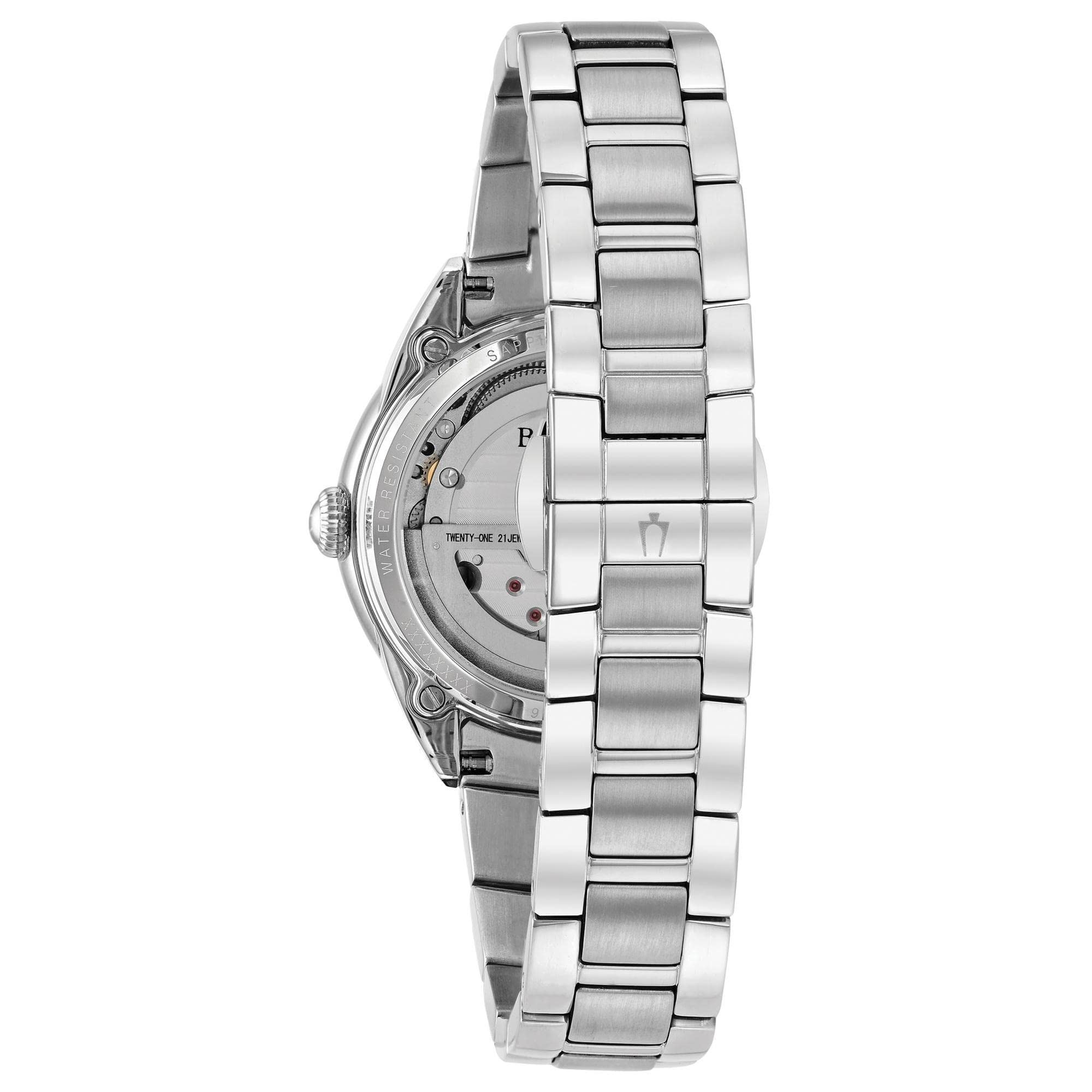 Bulova Quadrante da donna classico a 3 lancette automatico in acciaio inossidabile, quadrante in madreperla e quadrante aperto