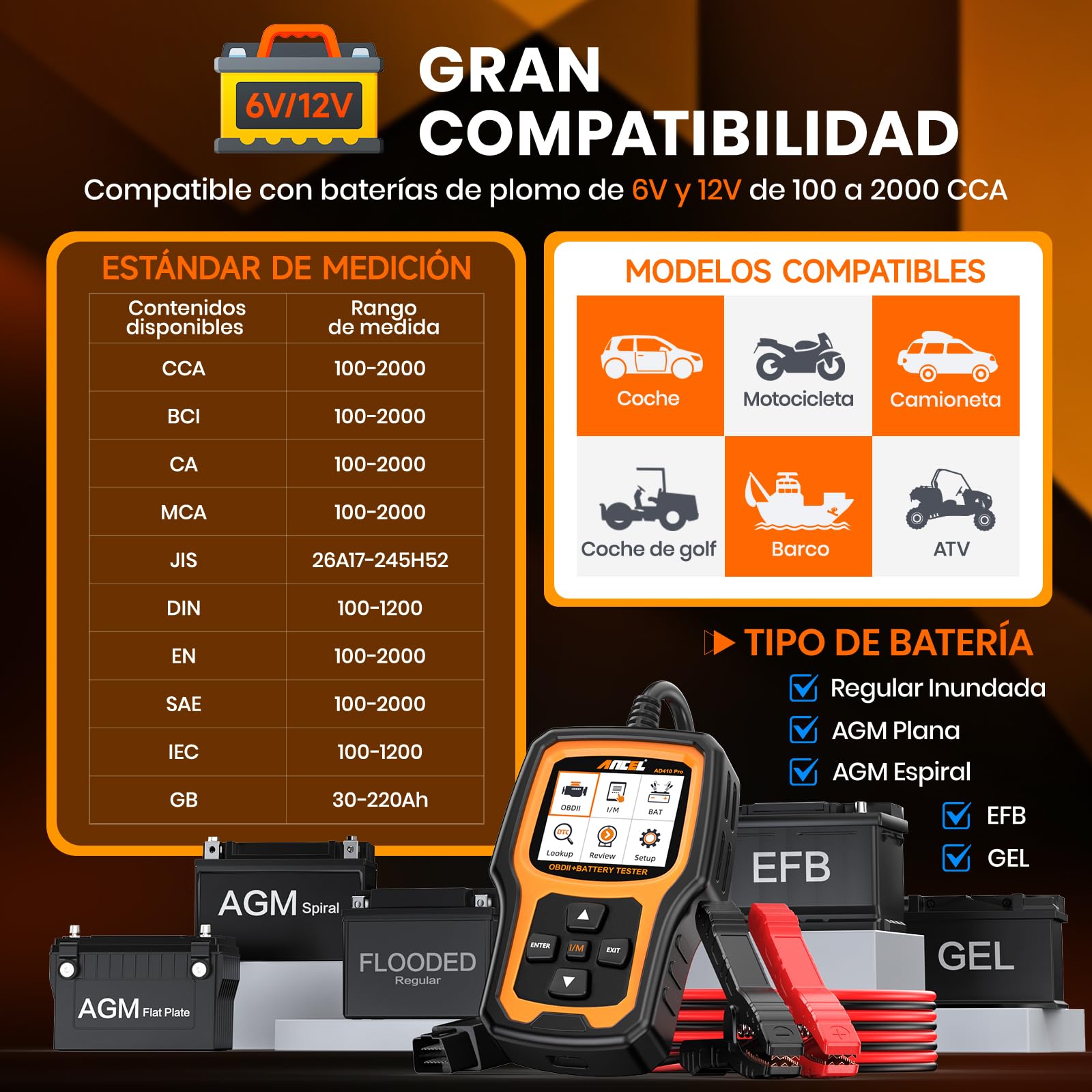 2 en 1 OBD2 Diagnosis Coche y Comprobador de Baterias Ancel AD410PRO | Scanner OBD Multimarca con Completas OBDII Funciones, 100-2000CCA Probador de Batería Auto 12V con test de arranque y carga