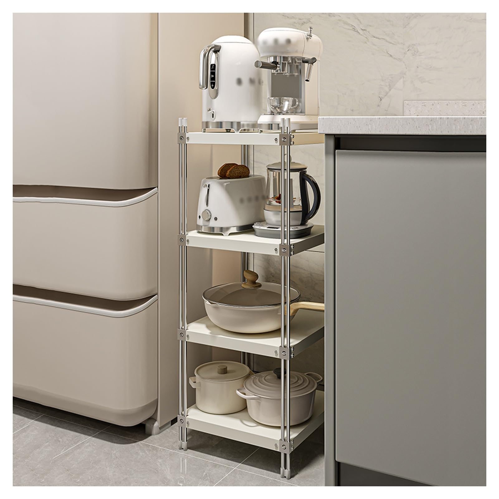 Scaffale regolabile in acciaio inox per ingresso, soggiorno, dispensa, bagno, 4/5/6/7 ripiani, design ad angolo, spazio stretto (bianco, 30 x 30 x 80 cm)