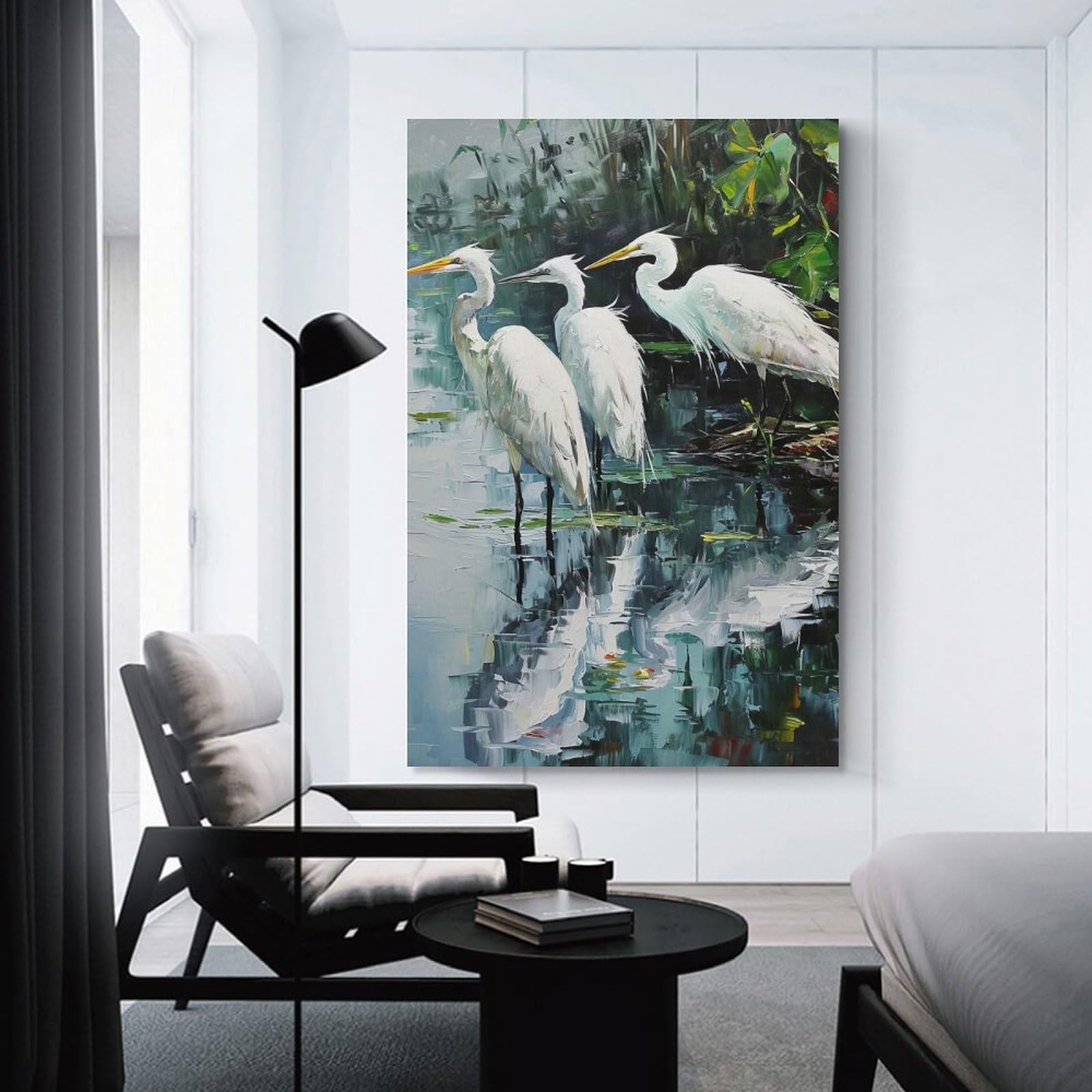 Junmoney Pond Heron Serenity Hanging Wall Art, 12x18inch(30x45cm), for New Homes, Bedrooms Or Workspaces, Thoughtful Wall Decor for Art Lovers