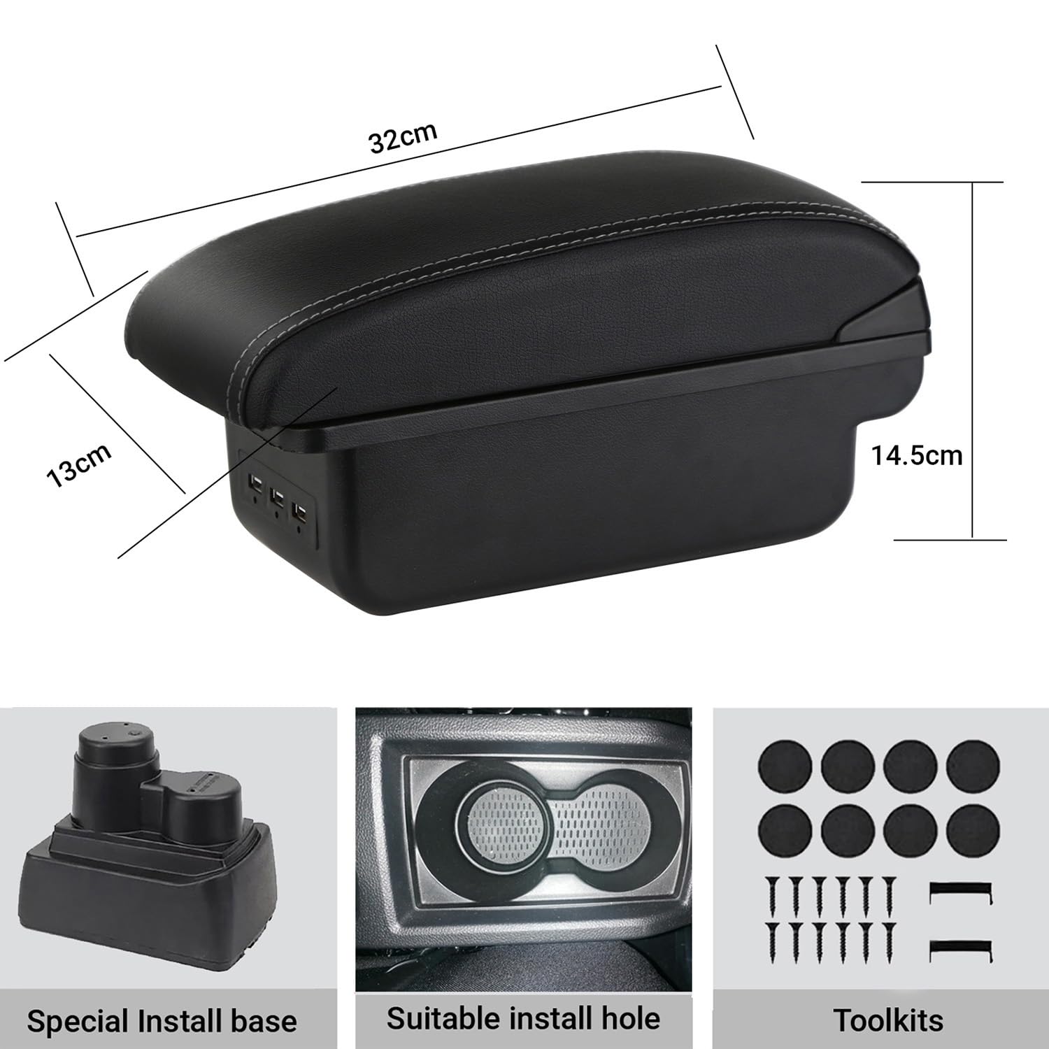 YJYWZH Accoudoir Central pour Dacia Duster 2 2019-2024 avec 3 ports USB | 2 USB+1 USB-C,Double rangement,Accoudoir pour console centrale,Dessus coulissant,Cuir PU,Noir avec coutures blanches