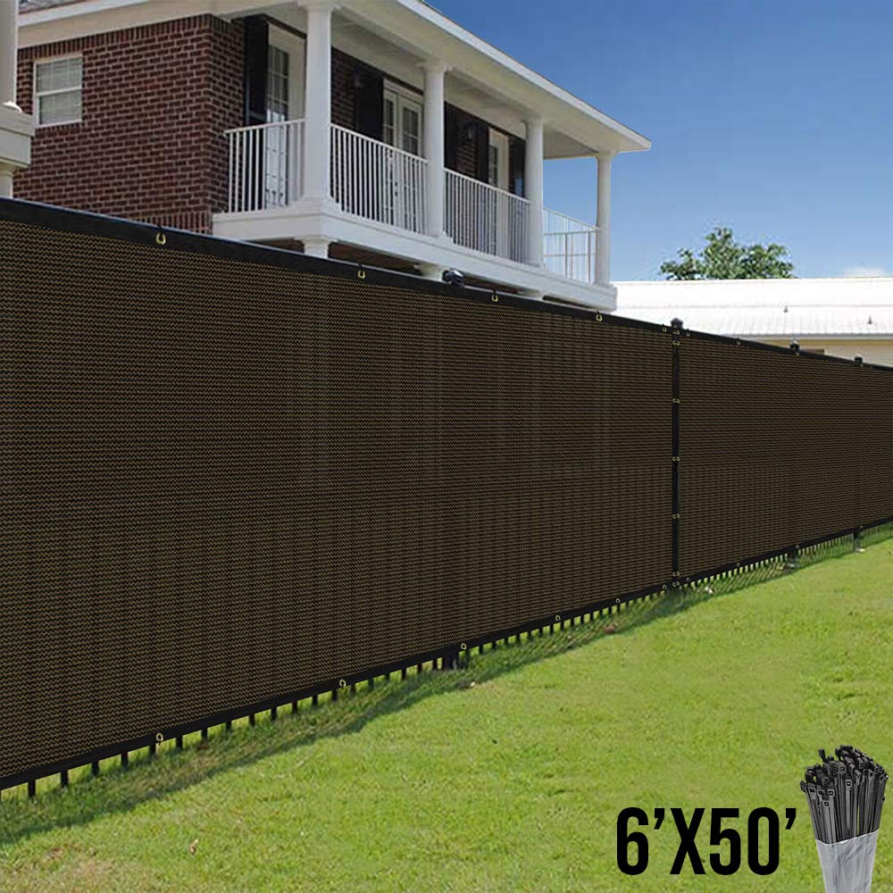 E&K Sunrise Fence Privacy Screen with Zipties, Brown 6' x 50' Commercial Outdoor Backyard Porch Deck Shade Windscreen Mesh Fabric 90% Blockage -Customized