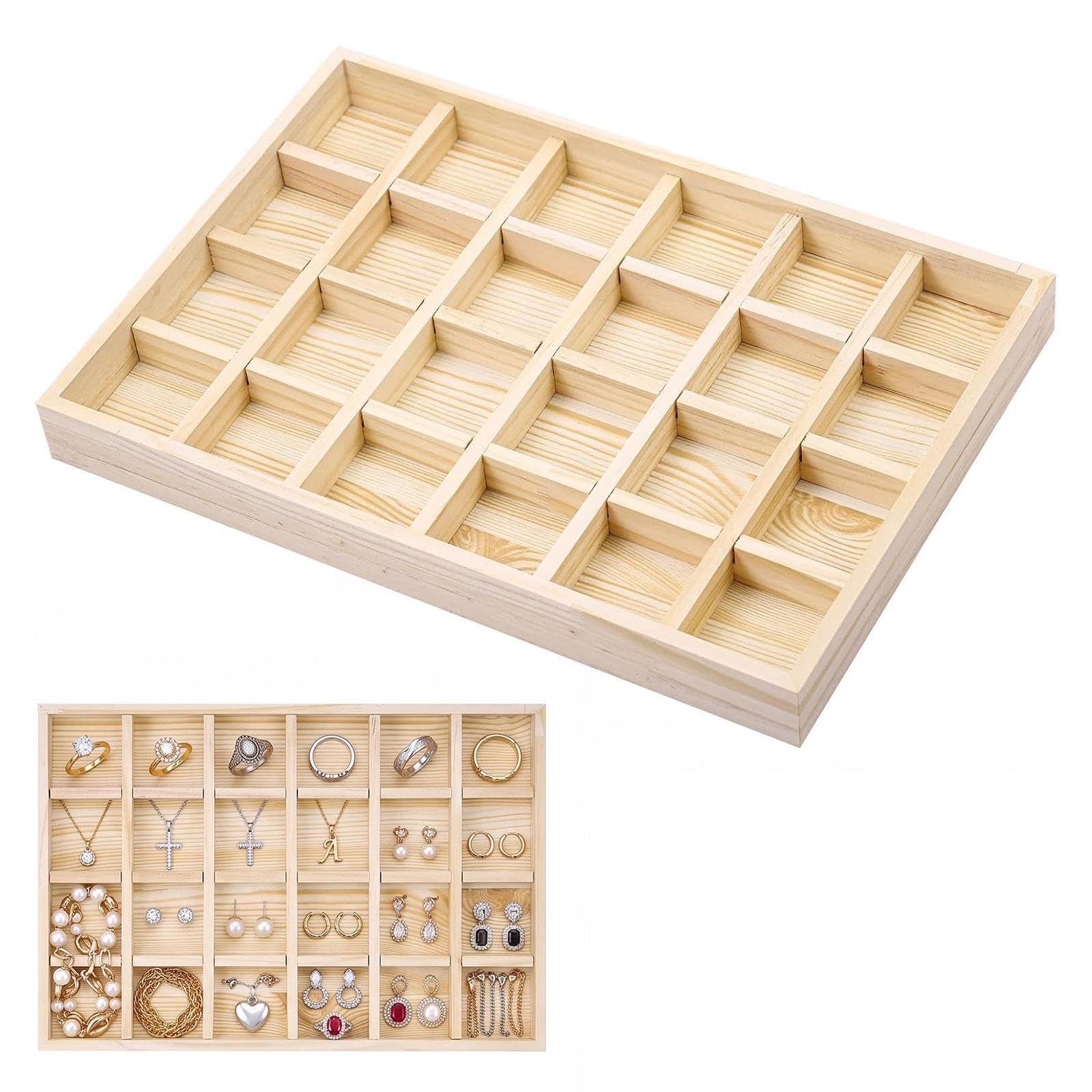 Chovize Unfinished Wooden Storage Divider Box, 24 Compartments Showcase Display Tray, for Jewellery, Collectibles, Essential Oils, Small Keepsakes & DIY Crafts, Natural Wood Organizer