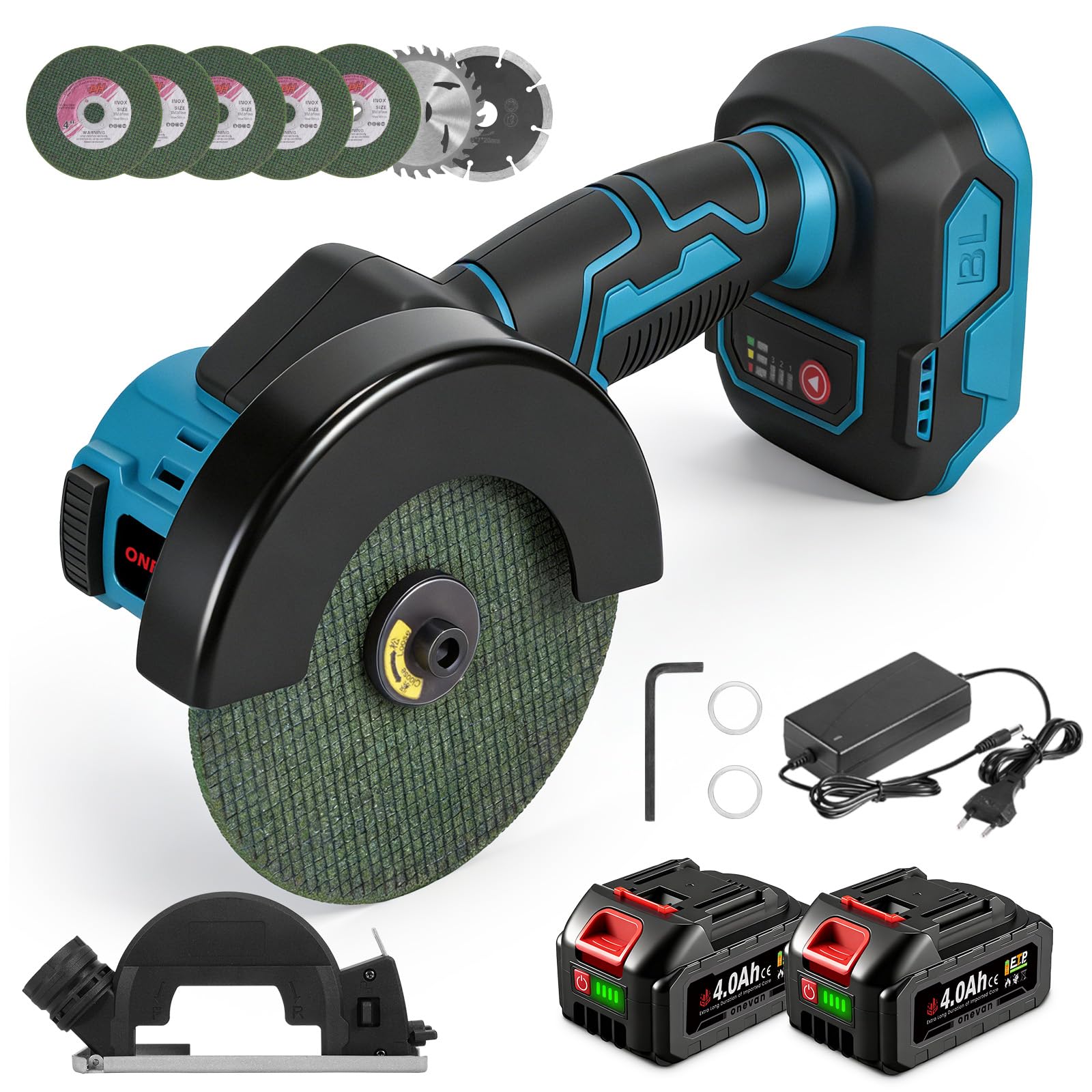 ONEVAN Amoladora angular eléctrica de 4 pulgadas con motor sin escobillas y dos baterías de 4 mAh, potencia 900 W, velocidad 12.000 rpm, viene con 7 hojas de sierra