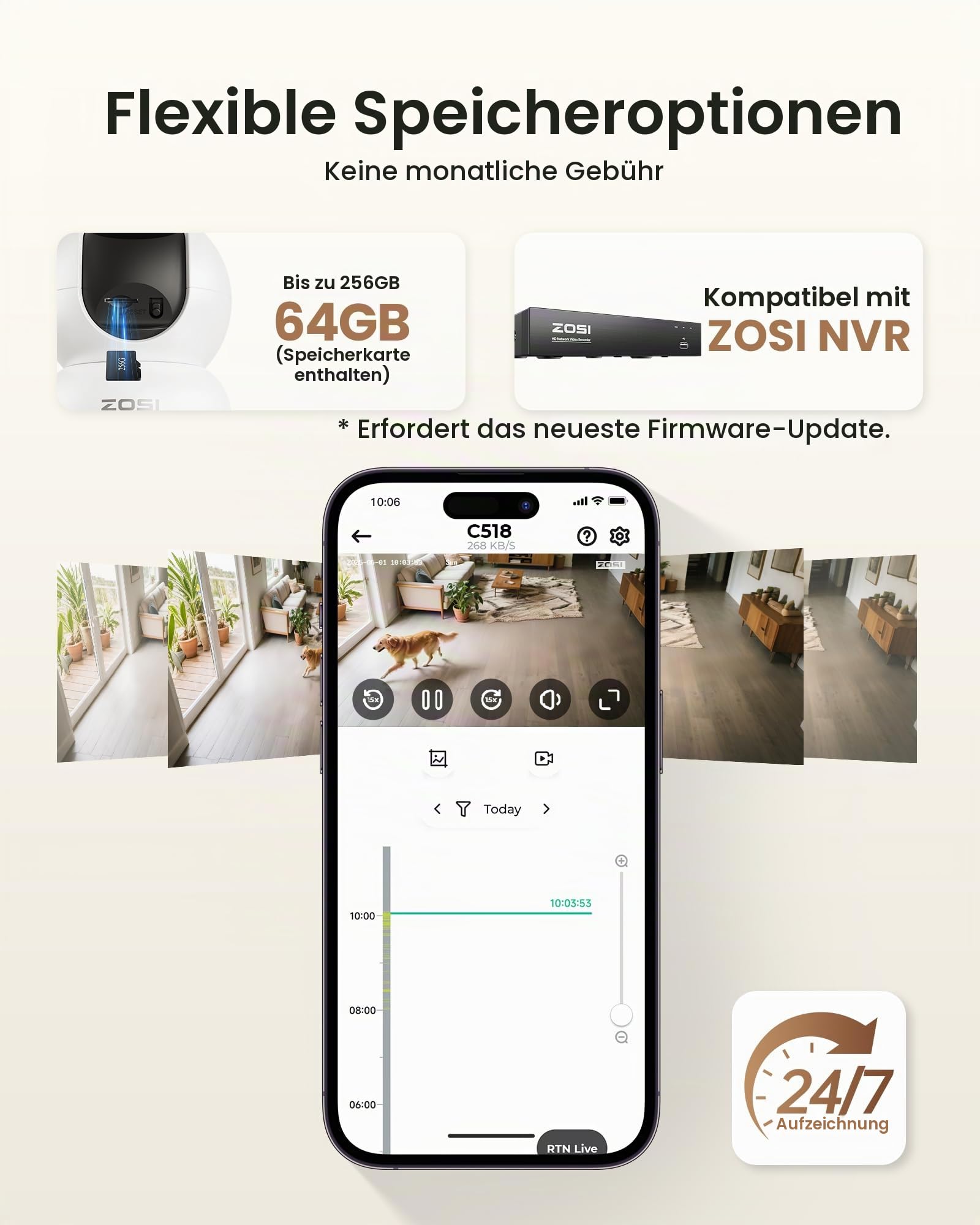 ZOSI 4K Überwachungskamera Innen WLAN mit 64GB Karte, 2,4/5G WiFi