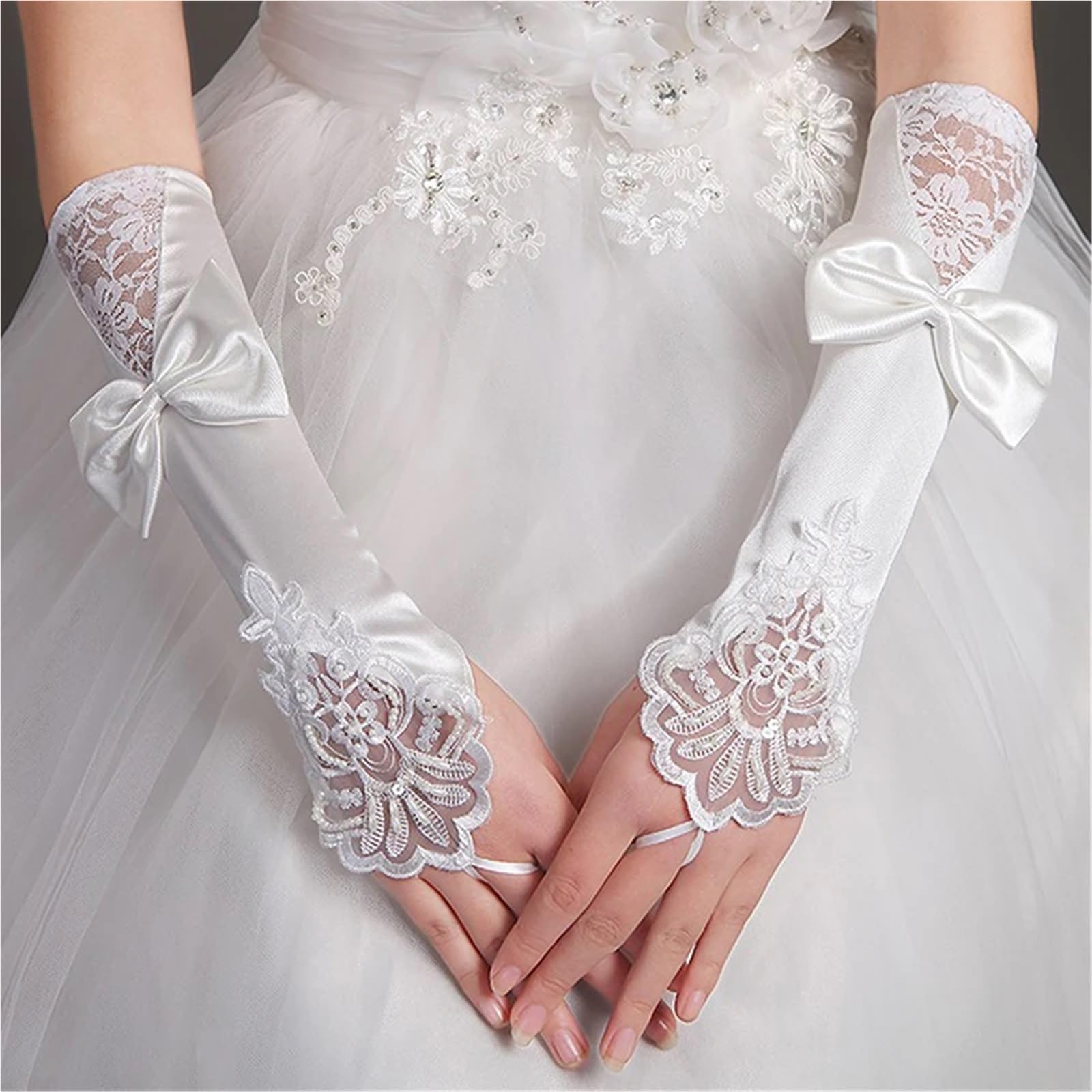 Eleganti guanti da sposa in pizzo, in raso senza dita for cene di nozze Per Cene E Feste
