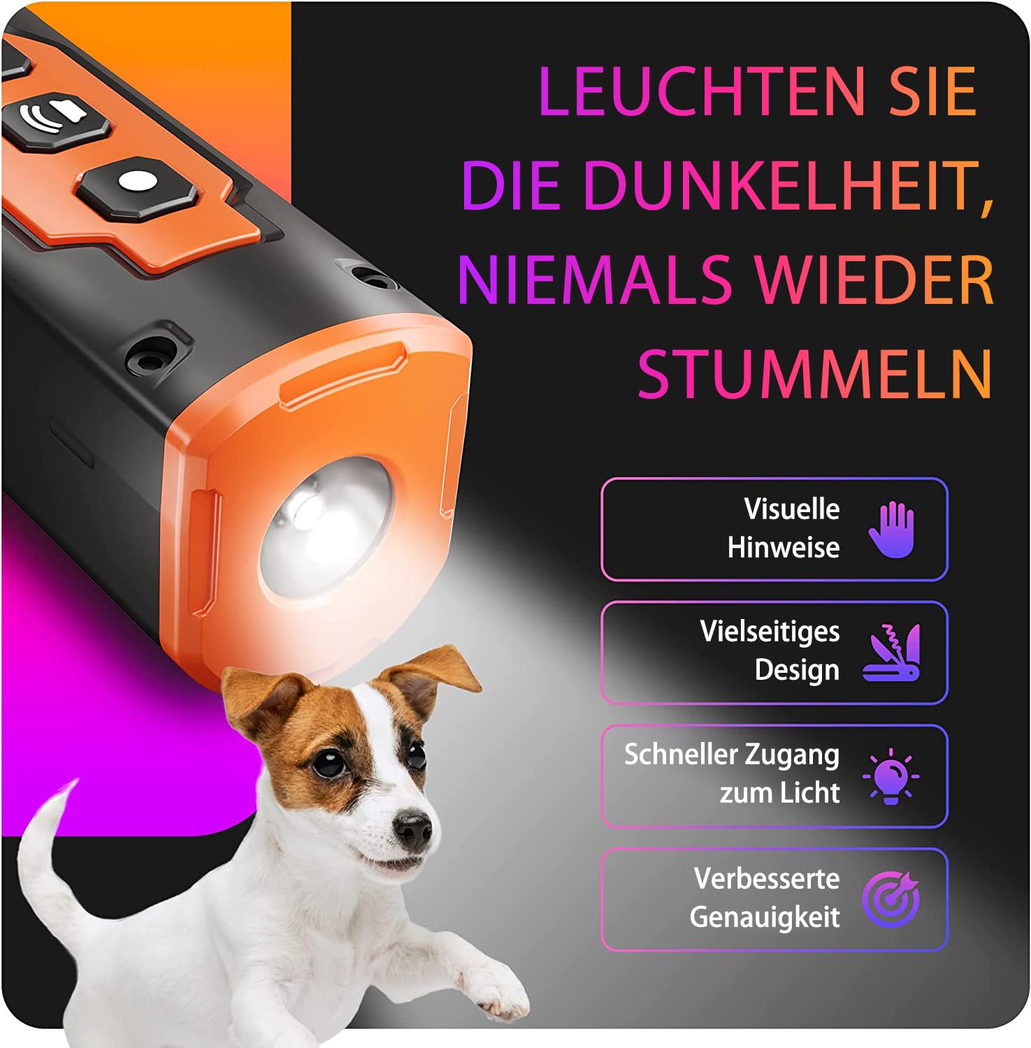 Anti Bell Gerät Hunde, 3X Ultraschall Hundegebell Stopper, 15m Reichweite, Tragbares Antibell Ultraschall Gerät mit LED-Taschenlampe für Kleine Große Hunde Innen Außenbereich Hund (Orange)