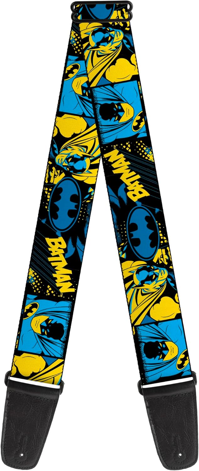 Buckle-Down DC Comics Guitar Strap, Batman Poses and Logo Collage Black Blue Yellow, 2 Inches Wide