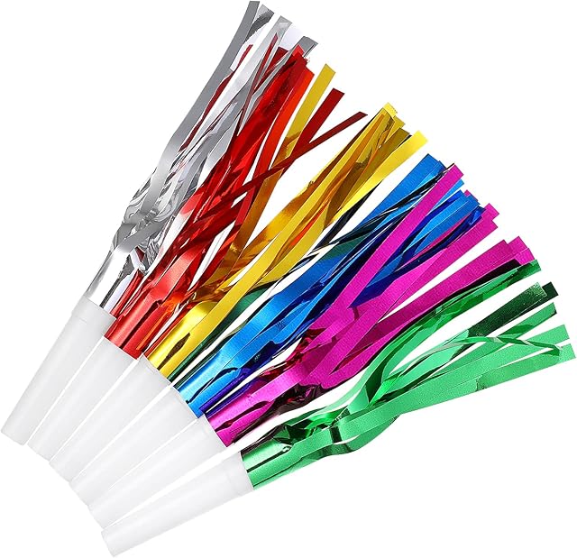 STOBOK 24PCS Party Blowers Glitter Fringed Metallic Noise Maker Fringed Noisemakes Blowouts Horns Whistles for Birthday New Years Party Noisemakers ( Mixed Color )