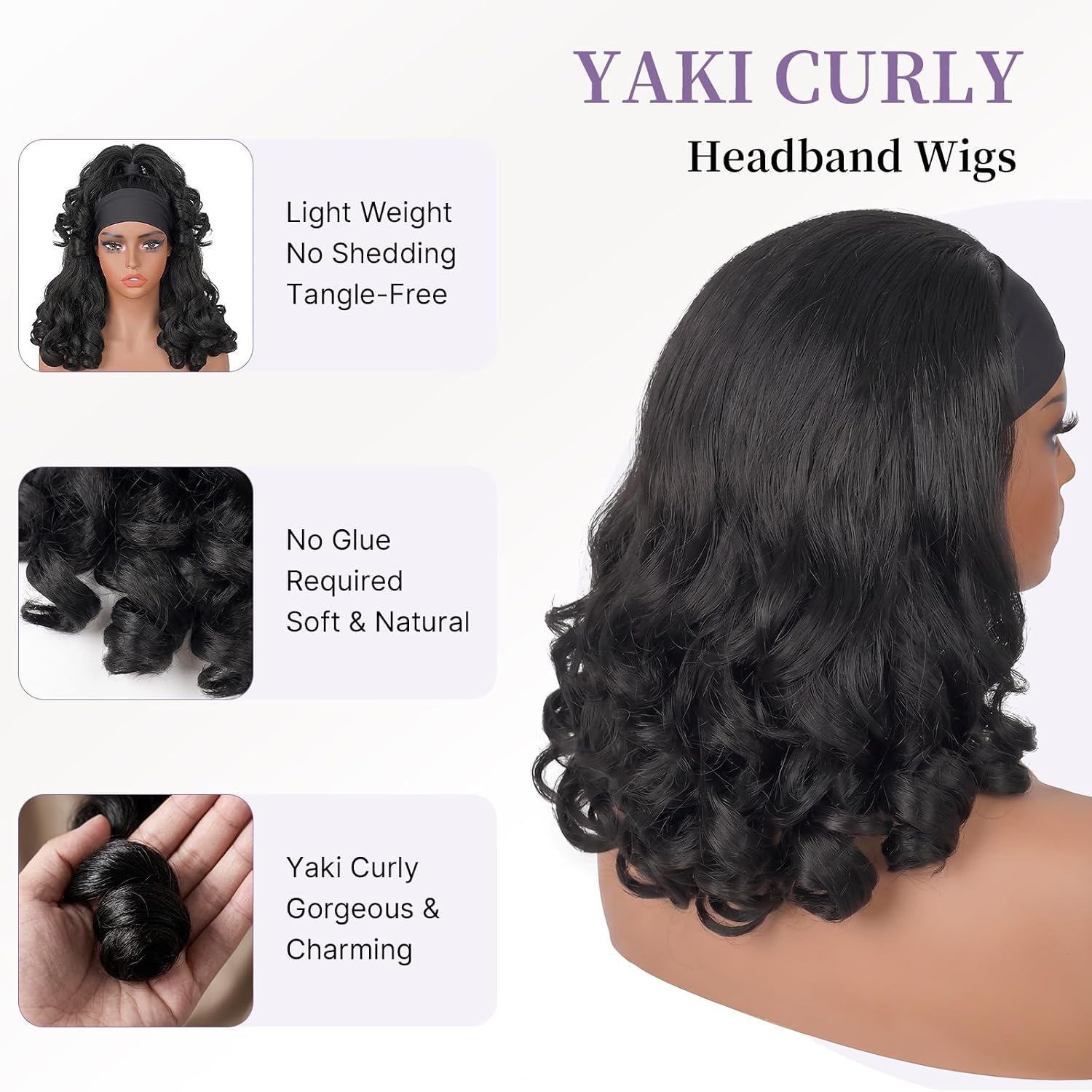 Yaki Curly Headband Wigs for Black Women, 16 Inch Synthetic Kinky Straight Headband Wig with Curly Ends Wear and Go Half Wig with Headband Attached for Daily Use (Natural Black)