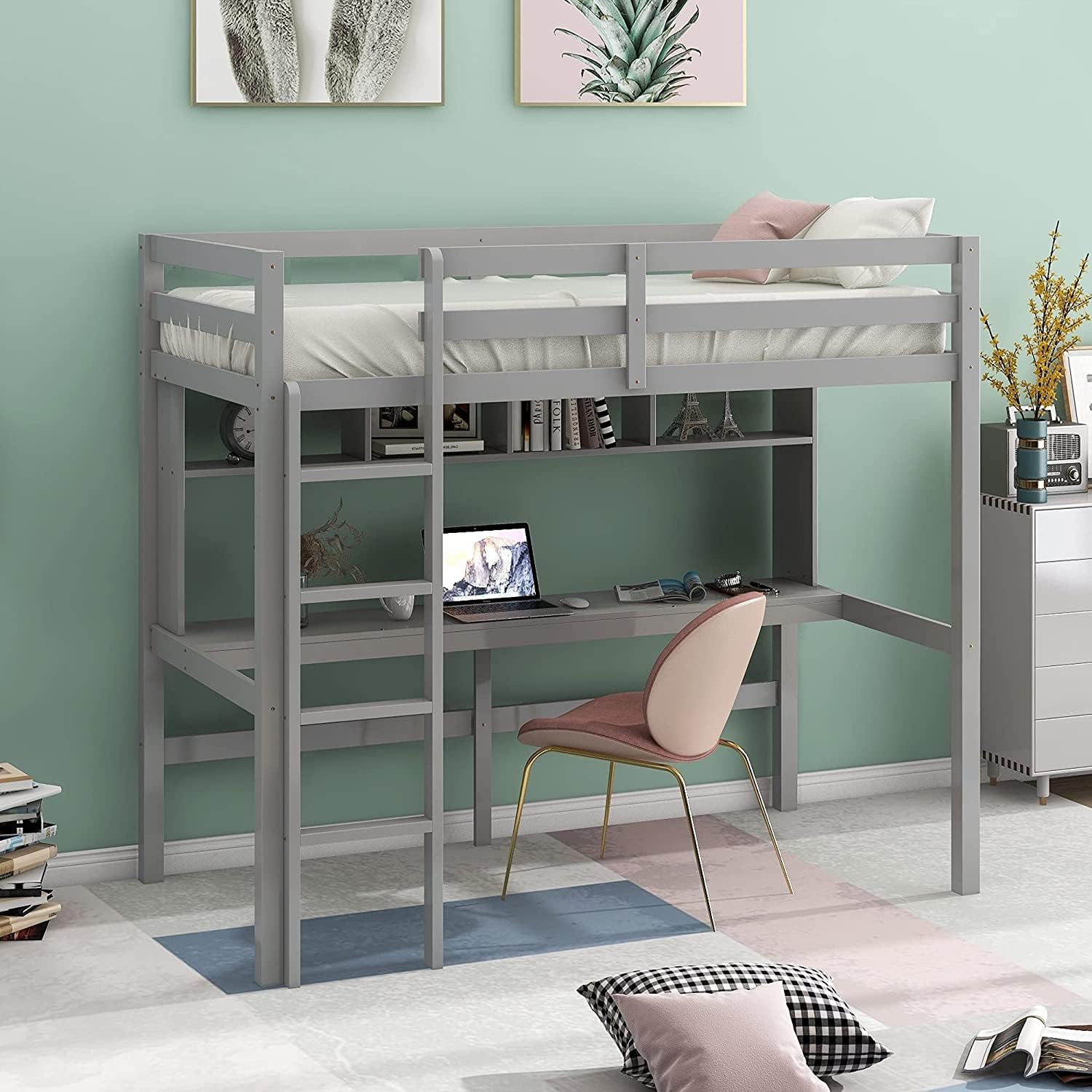 DNYN Twin Size Loft Bed with Storage Shelves and Convenient Desk,Solid Wood Bedframe with Ladder for Kid Bedroom,Space Saving Design,77.5"×41"×72", Gray