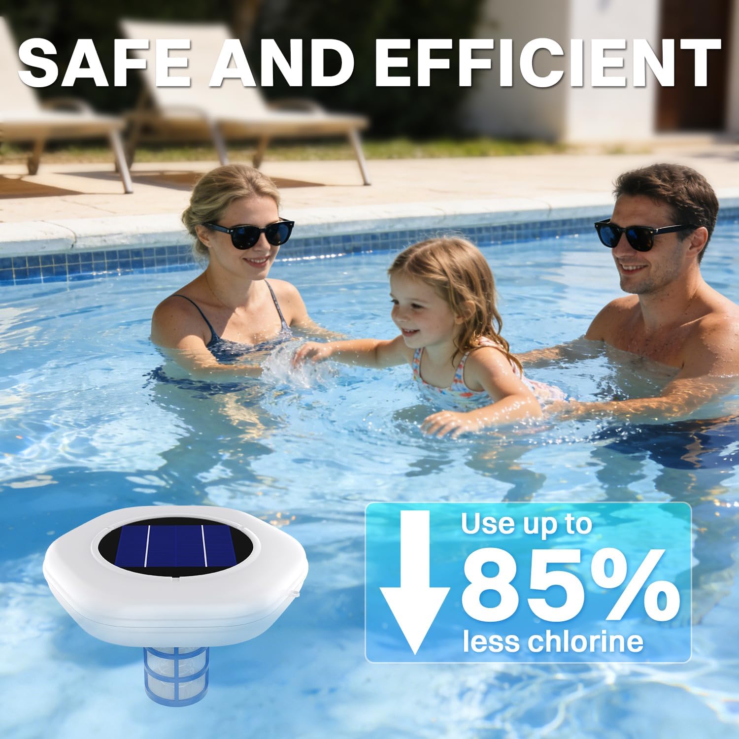 Solar Pool Cleaner | Floating Water Cleaner and Purifier | 2 Sets of Fittings | Solar Powered Up to 35,000 Gal | Compatible with Fresh and Salt Water Pools & Spas | Reduces 85% Chlorine Use