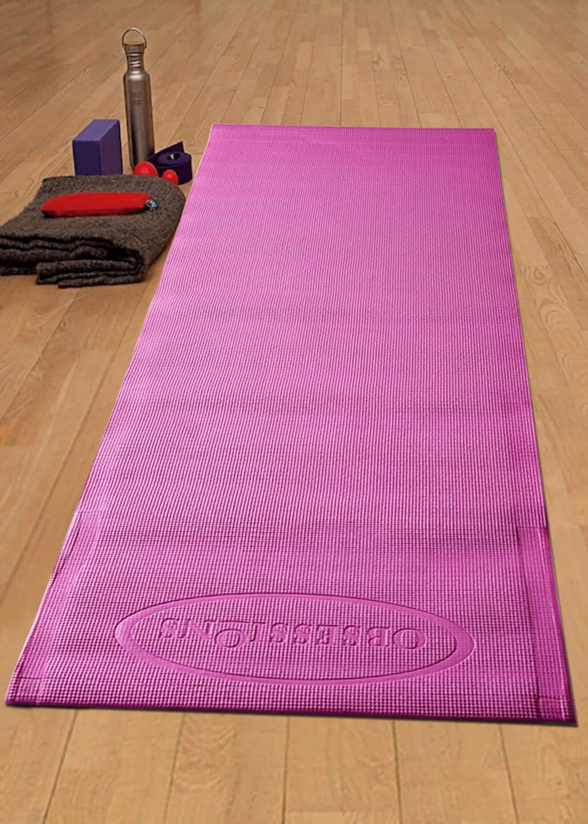 OBSESSIONS Anti-Slip PVC Solid Yoga Mat with Carrying Strap (L)173 X (W)61cm, Pink-image-7