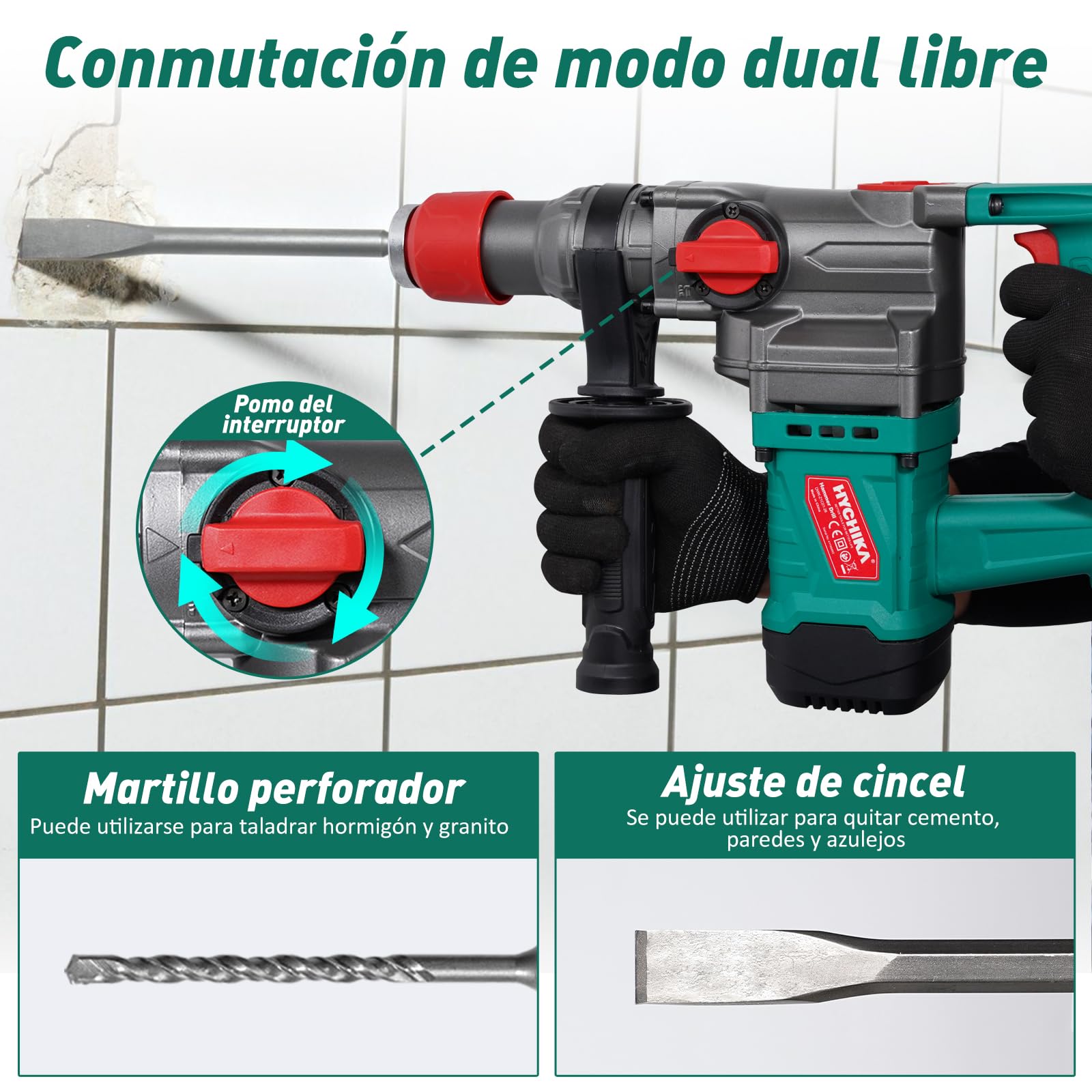 HYCHIKA Martillo Perforador, Martillo Demoledor con Embrague de Seguridad, Taladro Percutor con Cable CA para hormigón, Martillo Percutor Electrico