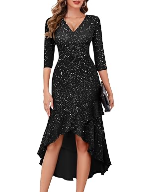 BeryLove Sequin Formal Cocktail Sparkly Dress Prom Party Evening Gowns Ruffle Hi Low Midi Dresses