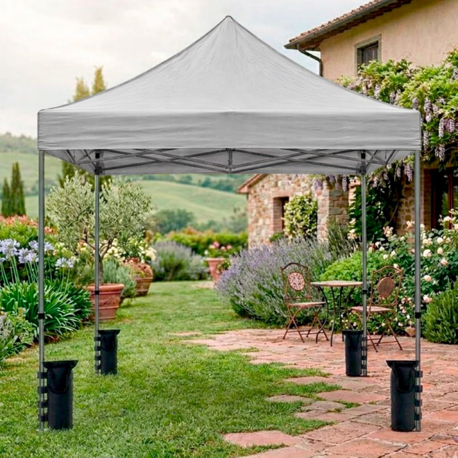Gazebo Professionale 3x3 M Richiudibile Automatico In Acciaio Con Telo Oxford 1200D PVC Impermeabile e Anti UV Struttura a Fisarmonica con Sacche Zavorra e Borsa Trasporto Sagre Feste Eventi (Grigio)