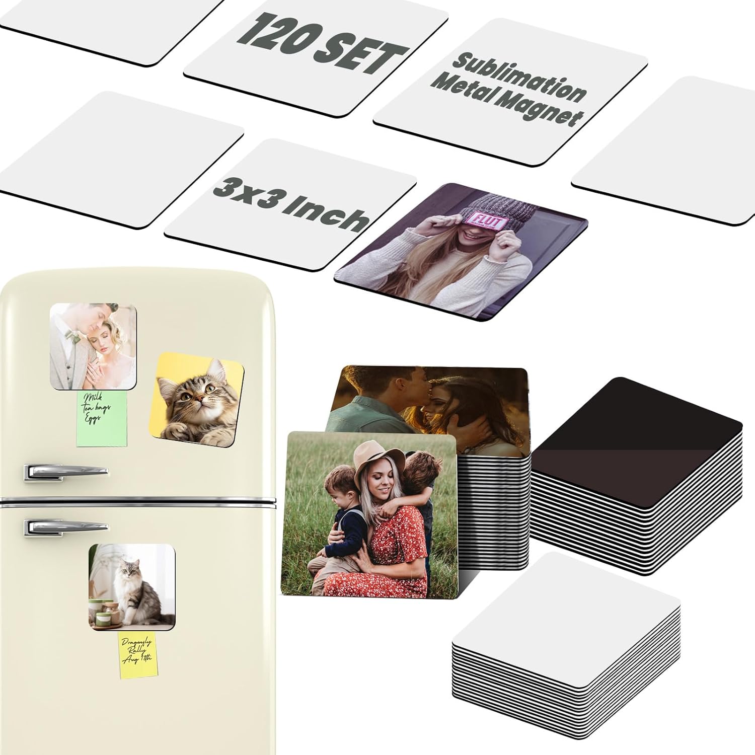 240 PCS Sublimation Magnet Blanks Bulk 3x3 in, 120 Metal Sublimation Blanks and 120 Soft Magnets, Square Metal Sublimation Fridge Magnet Photo Blanks for Refrigerator as Personalized Gift