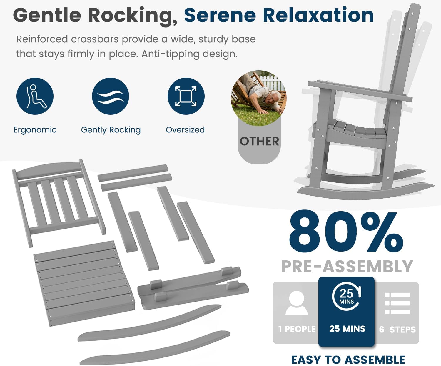 FOOWIN Outdoor Rocking Chair Set of 2, High Back Patio Rocking Chair, HDPE All Weather Resistant Porch Rocker for Adult, Oversized Rocking Chairs for Garden, Lawn, Indoor & Outdoor Use, White Grey