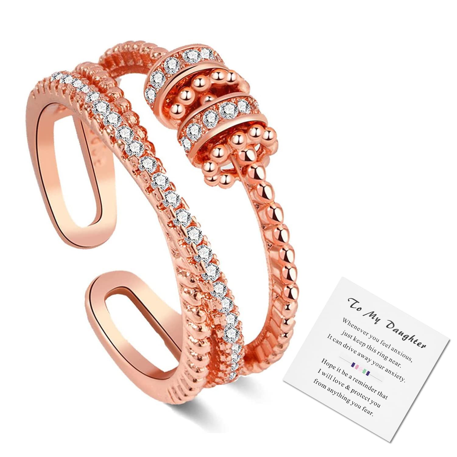 RINHOO FRIENDSHIP To My Daughter Fidget Ring for Anxiety Women Ring with Beads Spinner Ring Daughter Fidget Ring from Mom Adjustable Fidget Ring for Women or Girls