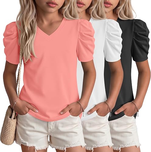 Langyiwee 3 Pack Girls' Puff Sleeve T-Shirts 5-14 Years Teen V Neck Cute Tops Ki