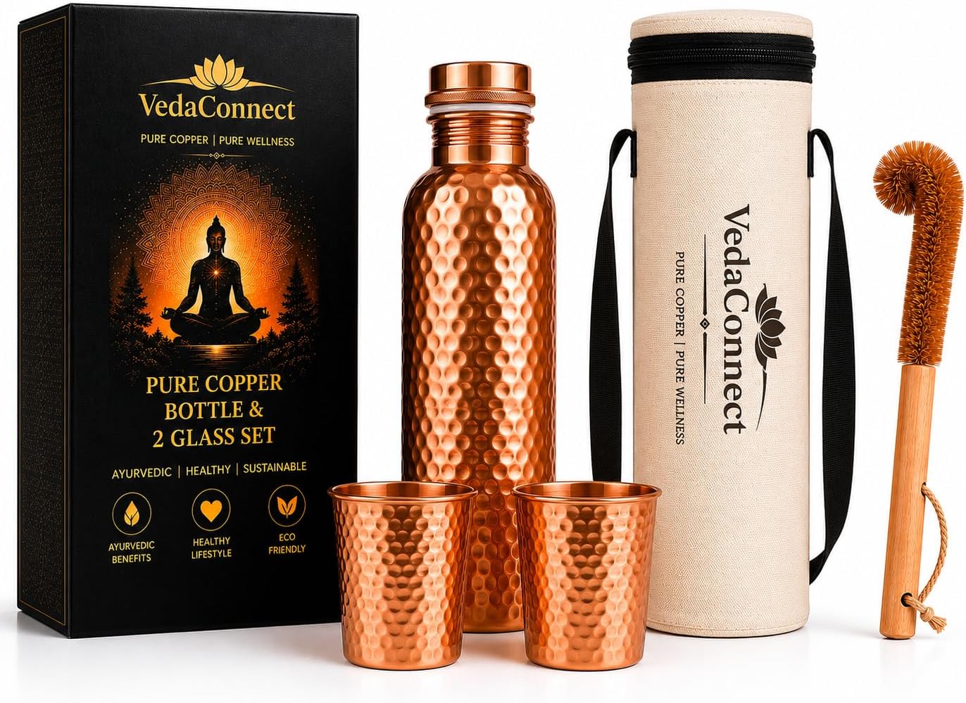 Hammered Copper Water Bottle 34 oz with Zip Bag, 2 Glasses & Cleaning Brush – 100% Pure, Leakproof Lid, Handmade Ayurvedic Drinkware, Premium Gift Box