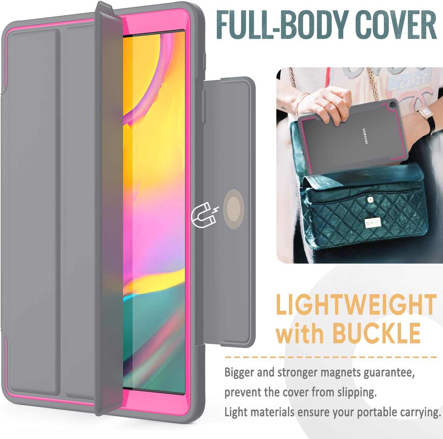 SEYMAC stock Case for Galaxy Tab A 10.1, 3-Layer Lightweight Shock-Proof Cover with [Screen Protector] Stand [Clear Back] for Samsung Galaxy Tab A 10.1 SM-T510/T515/T517 (Gray/Rose)
