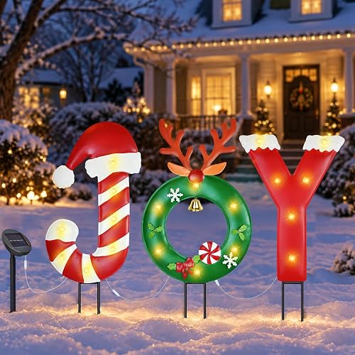 Solar Christmas Lights Outdoor, Metal Joy Reindeer Christmas Wreath Yard