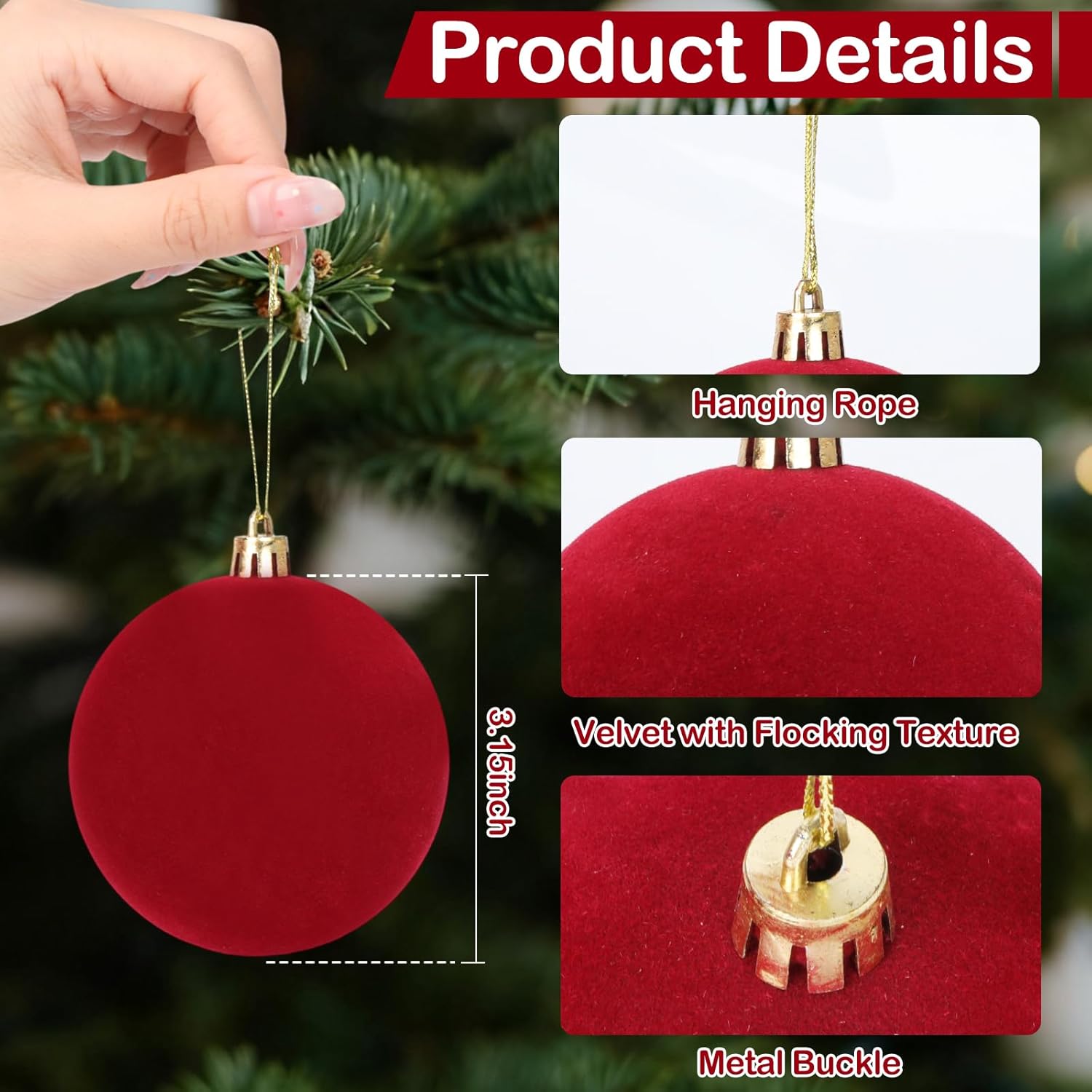24Pcs Burgundy Velvet Christmas Balls Bulk 3.15in Christmas Ornaments Surface Flocking Including 4 Vertical Stripes Balls Xmas Tree Hanging Plastic Decoration Holiday Party Indoor Home Decor