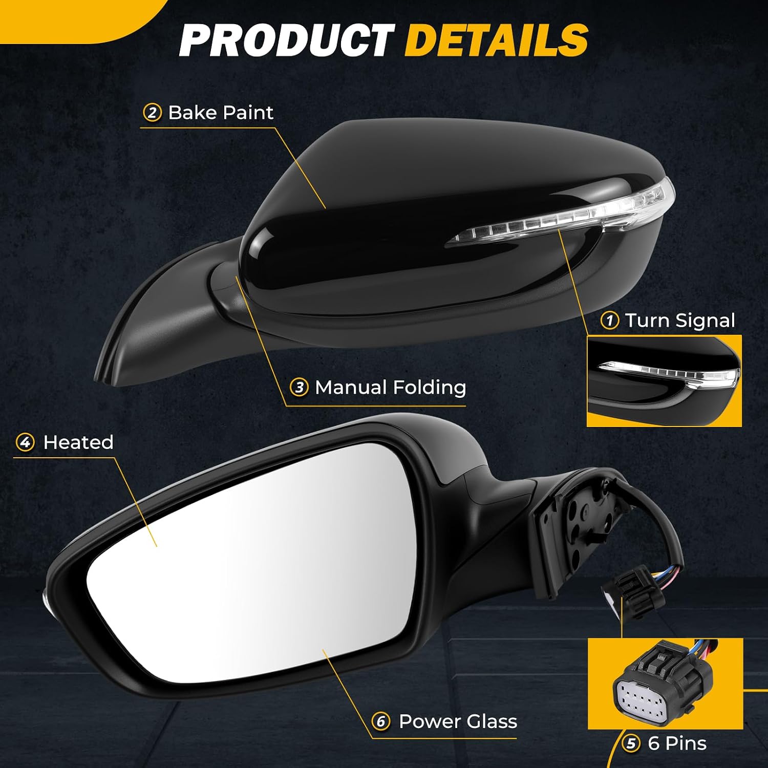 Side Mirror Compatible with Kia Forte 2014 2015 2016 SX/S/EX/LX Door Mirror w/only fit 10-hole plugs/Heated/Turn Signal Light/Manual Folding/Power glass KI1320182(Left Driver/6pins) image 3
