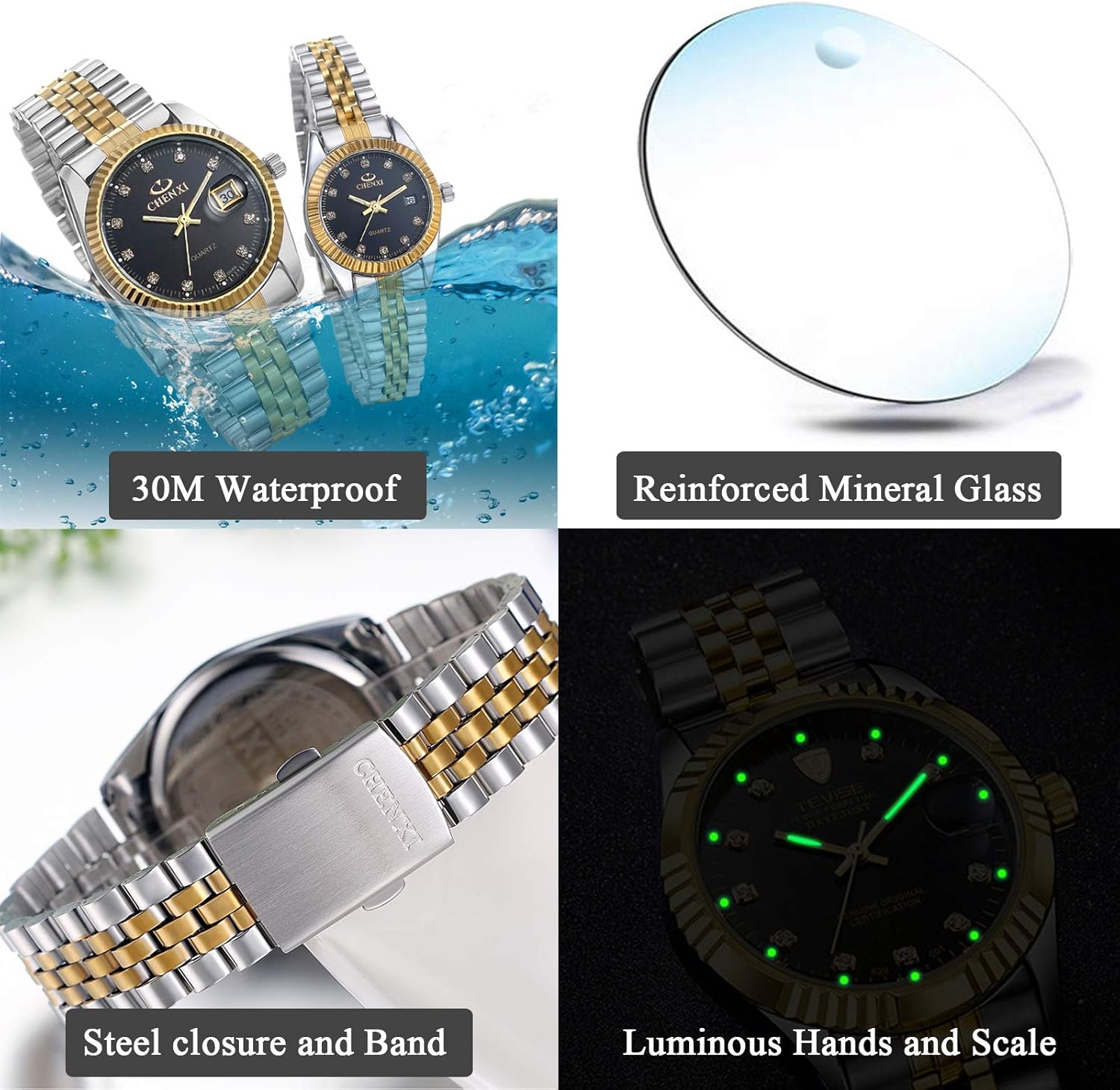 JewelryWe His and Her Matching Couple Watches Gold-Silver Tone Quartz Calendar Watch,2PCS Black, Black (1 Pair) - Image 5