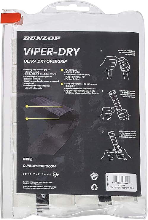 Dunlop Sports Viper Dry Ultra Dry Tennis Overgrip, 12 Grip Bag, White
